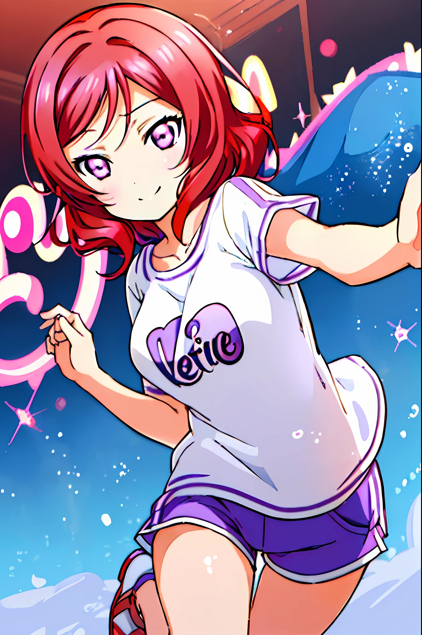 Nishikino maki, love live, (masterpiece:1.2), best quality, perfect anatomy, extremely detailed, cute girl, shiny skin, light smile, solo, lovely big eyes, cute eyes, (violet eyes:1.4), (red scarlet hair:1.4), sport top piece, sport shirt, sport shorts, school, running track, looking at viewer, character focus, evil smile, running pose, show stomach,