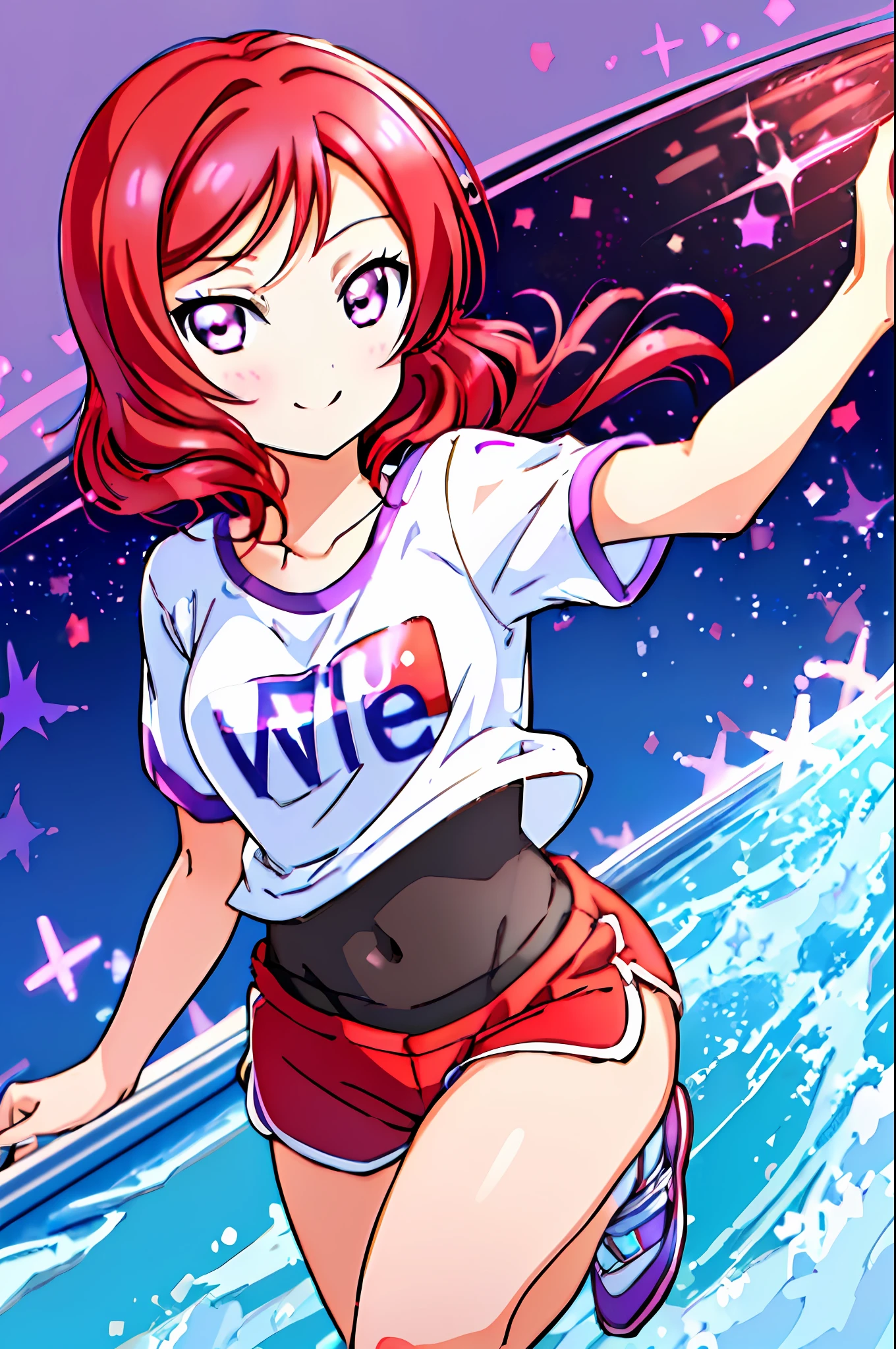 Nishikino maki, love live, (masterpiece:1.2), best quality, perfect anatomy, extremely detailed, cute girl, shiny skin, light smile, solo, lovely big eyes, cute eyes, (violet eyes:1.4), (red scarlet hair:1.4), sport top piece, sport shirt, sport shorts, school, running track, looking at viewer, character focus, evil smile, running pose, show stomach,