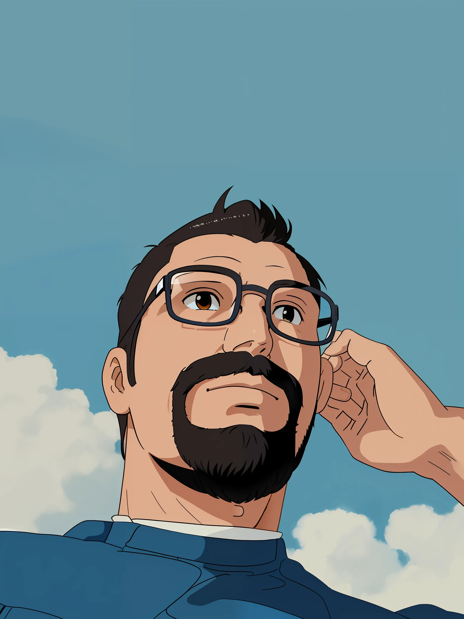 There's a Latino man with talking glasses, headshot profile picture, with nerdy glasses and goatee, thin beard on the sides, looking at the camera, looking down, eyes half closed, gorgeous blue sky in the background, anime studio ghibli art, light brown eyes, dark brown beard and black hair