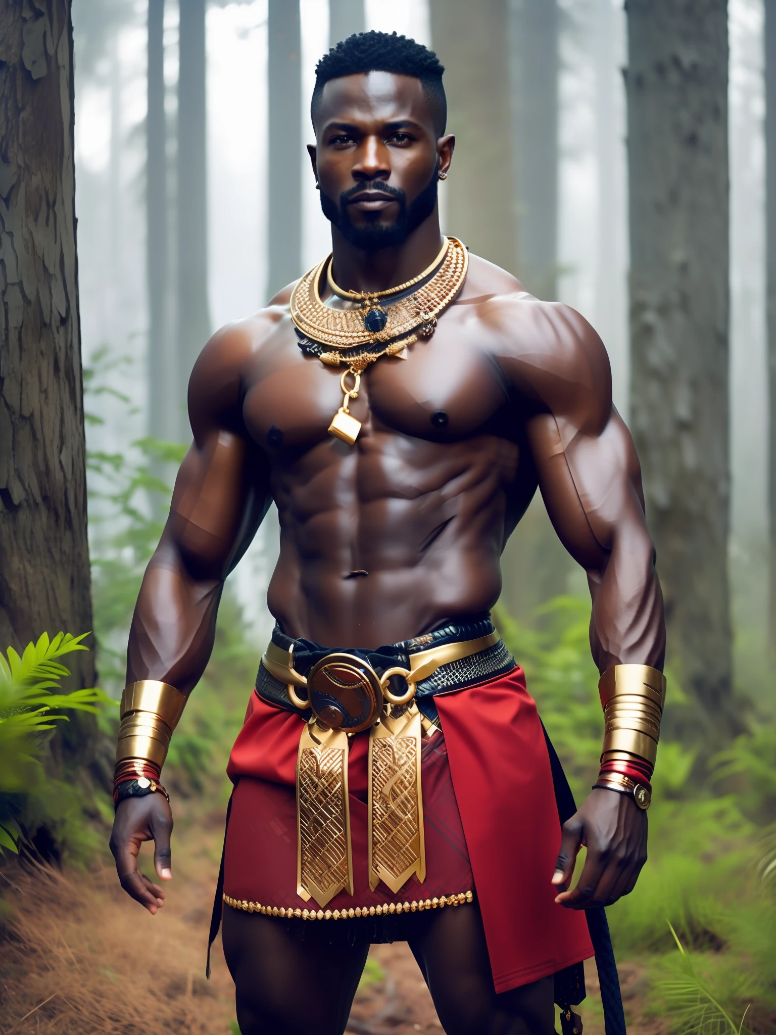 fking_scifi, fking_scifi_v2, portrait of a middle age, muscular very hary, handsome and attractive African warrior man, in front of a foggy forest, rich colorful clothes and golden african jewelry, close up, regal pose and attitude. fking_cinema_v2.