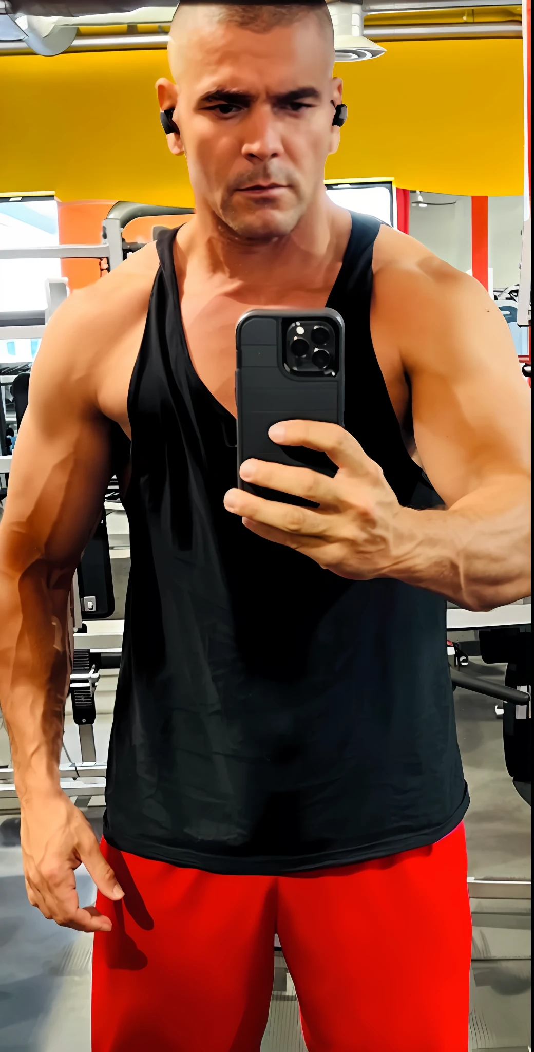 there is a man that is taking a selfie in the gym, 3 6 years old, 3 2 years old, 38 years old, 2 7 years old, (38 years old), 35 years old, 3 5 years old, 2 9 years old, upper body only, 2 8 years old, full upper body, fit pic, profile image, detailed arms