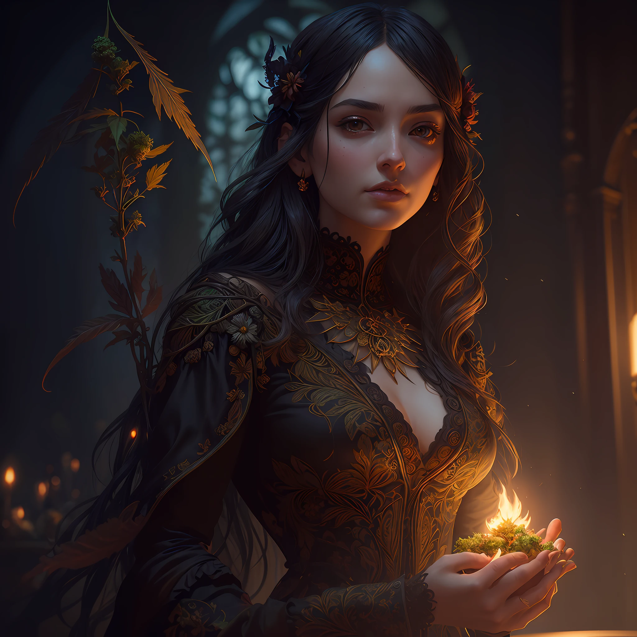 A Cannabis bud by Casey Weldon, Olga Kvasha, Miho Hirano, hyperdetailed intricately detailed gothic art trending on Artstation triadic colors Unreal Engine 5 detailed matte painting, deep color, fantastical, intricate detail, splash screen, complementary colors, fantasy concept art, 8k resolution, gothic deviantart masterpiece, (dark shot:0.9), art by greg rutkowski and artgerm, soft cinematic light, adobe lightroom, photolab, hdr, intricate, highly detailed, dahlia
