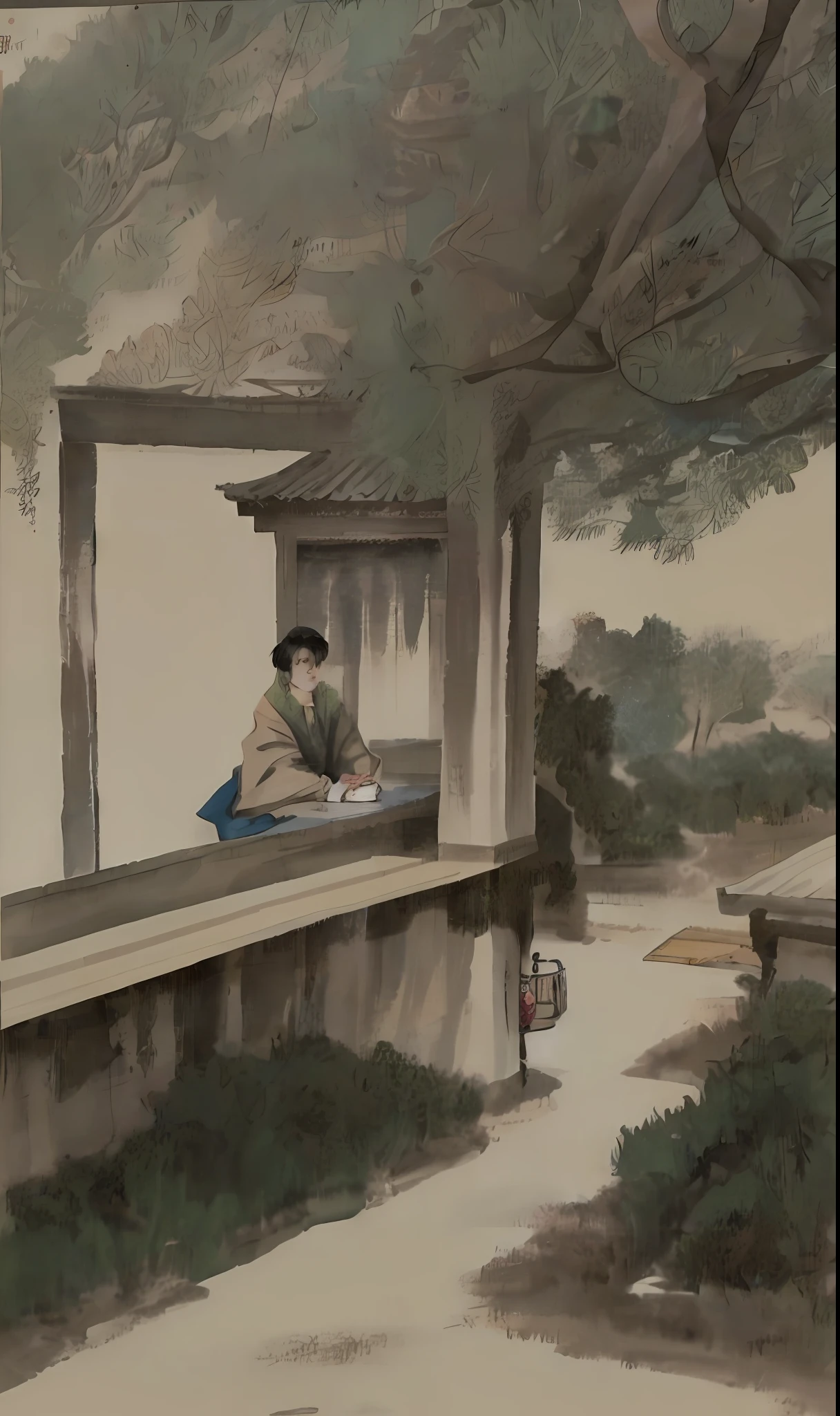 Chinese ink painting Super delicate A rich boy drinking tea in a pavilion in the wild