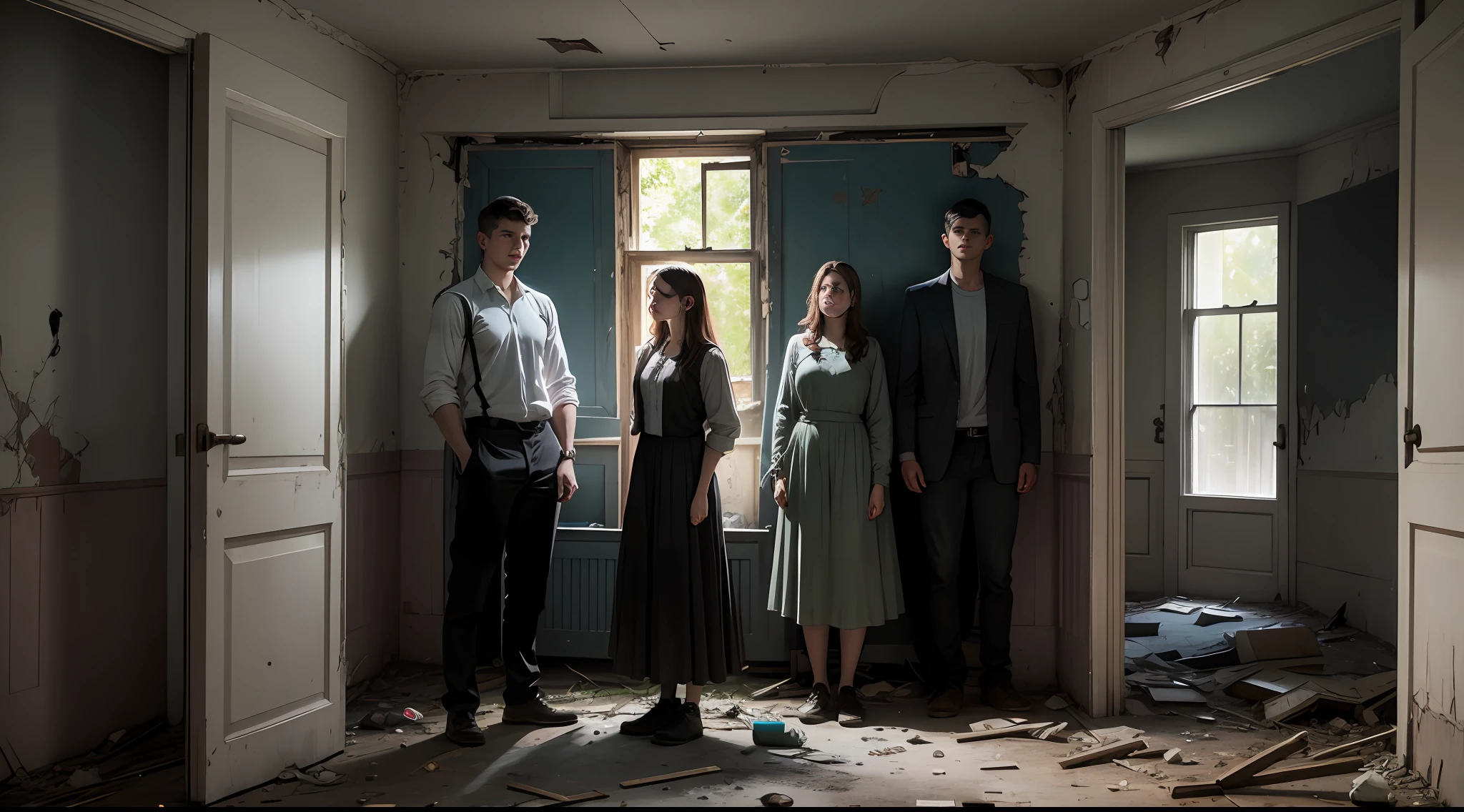 two women and three teenage young men inside a dark abandoned house