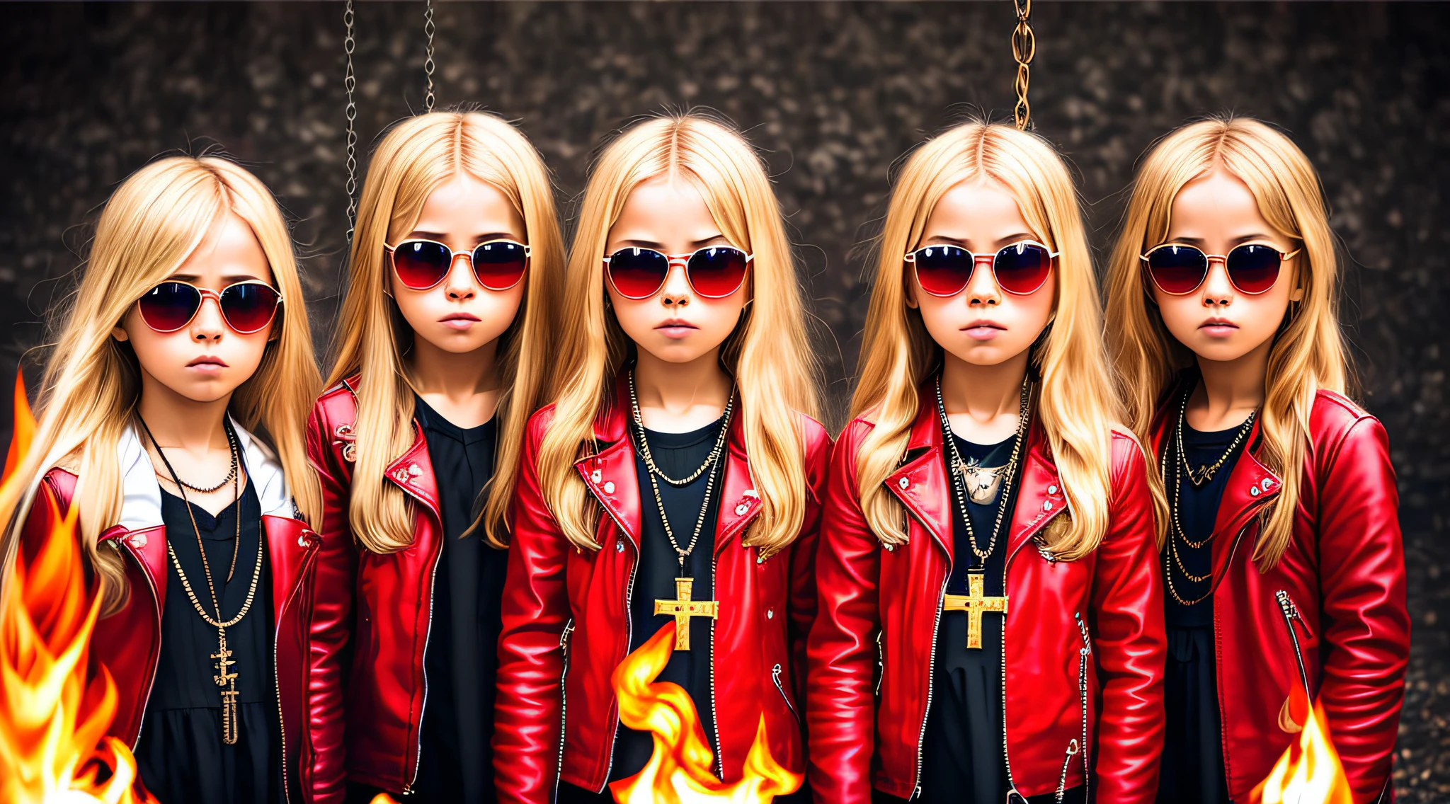 A half body, portrait of 3 girls German children long blonde hair of 12 years, red leather jackets, sunglasses, a cross, background of chains and crosses, chain, crosses, crosses, more chains and crosses, many chains and crosses, , red, red fire, many background flames.