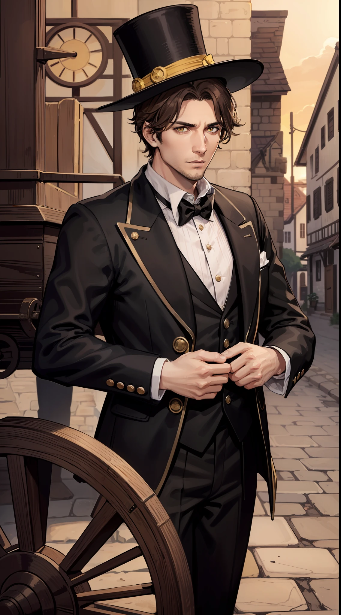 A 28-year-old man, brown hair and yellow eyes besides he has a dryer on his face, his clothes are black with some white details and also he wears a top hat, he is a traveling tailor (senary a village with a wagon in the background)