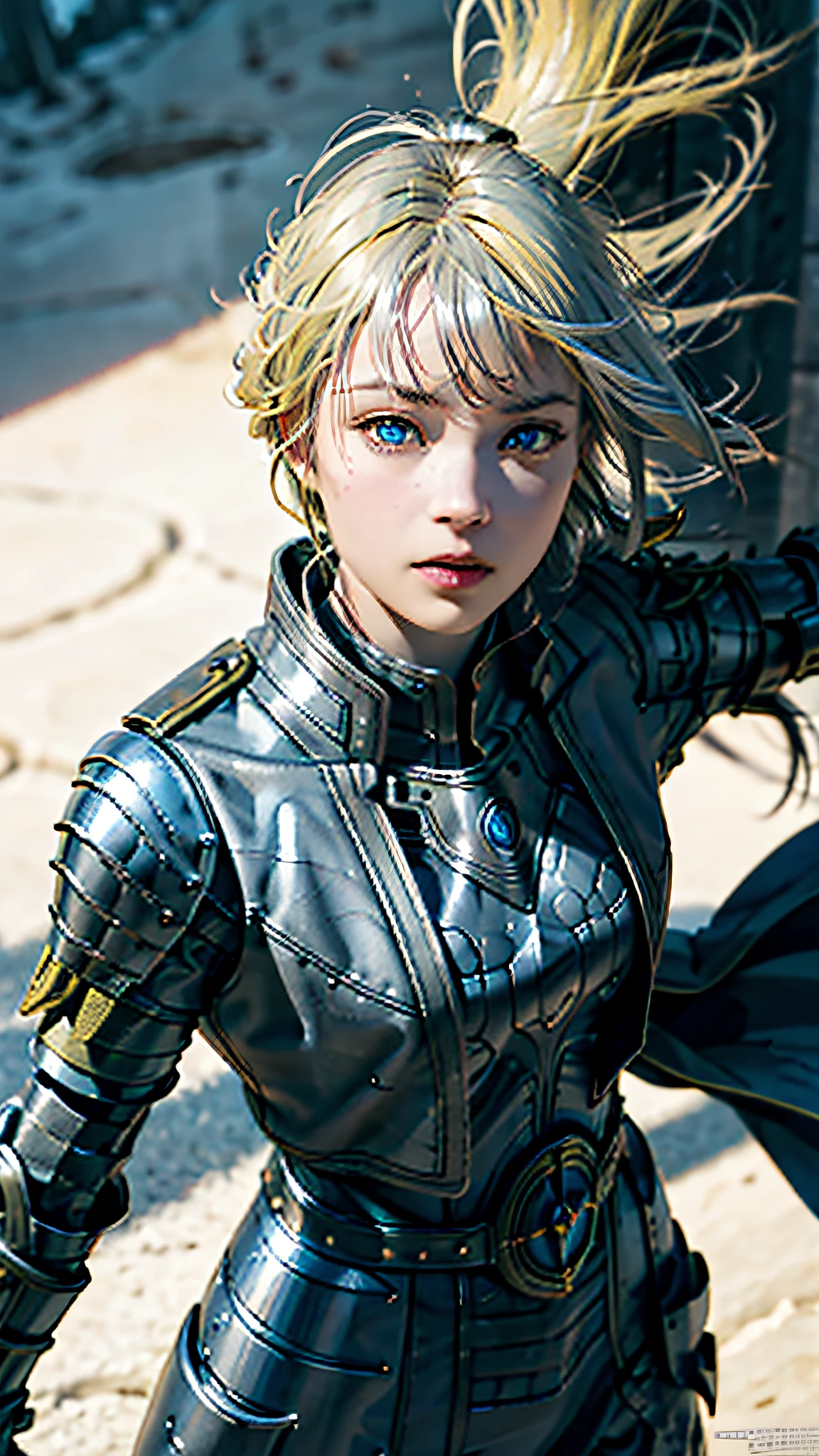 official art, unity 8k wallpaper, ultra detailed, masterpiece, best quality, 1 woman, (extremely detailed), dynamic angle, Mysterious expression, wind effect, fantasy background, rim lighting, side lighting, cinematic light, ultra high res, 8k uhd, film grain,best shadow, delicate, RAW, light particles, detailed skin texture, detailed armor texture, detailed face, intricate details, ultra detailed, bright, strong, (silver armor), holding spear, pauldrons, ((yellow hair)), glowing blue eyes, bangs, blue cape, fantasy, (realistic), atmospheric,