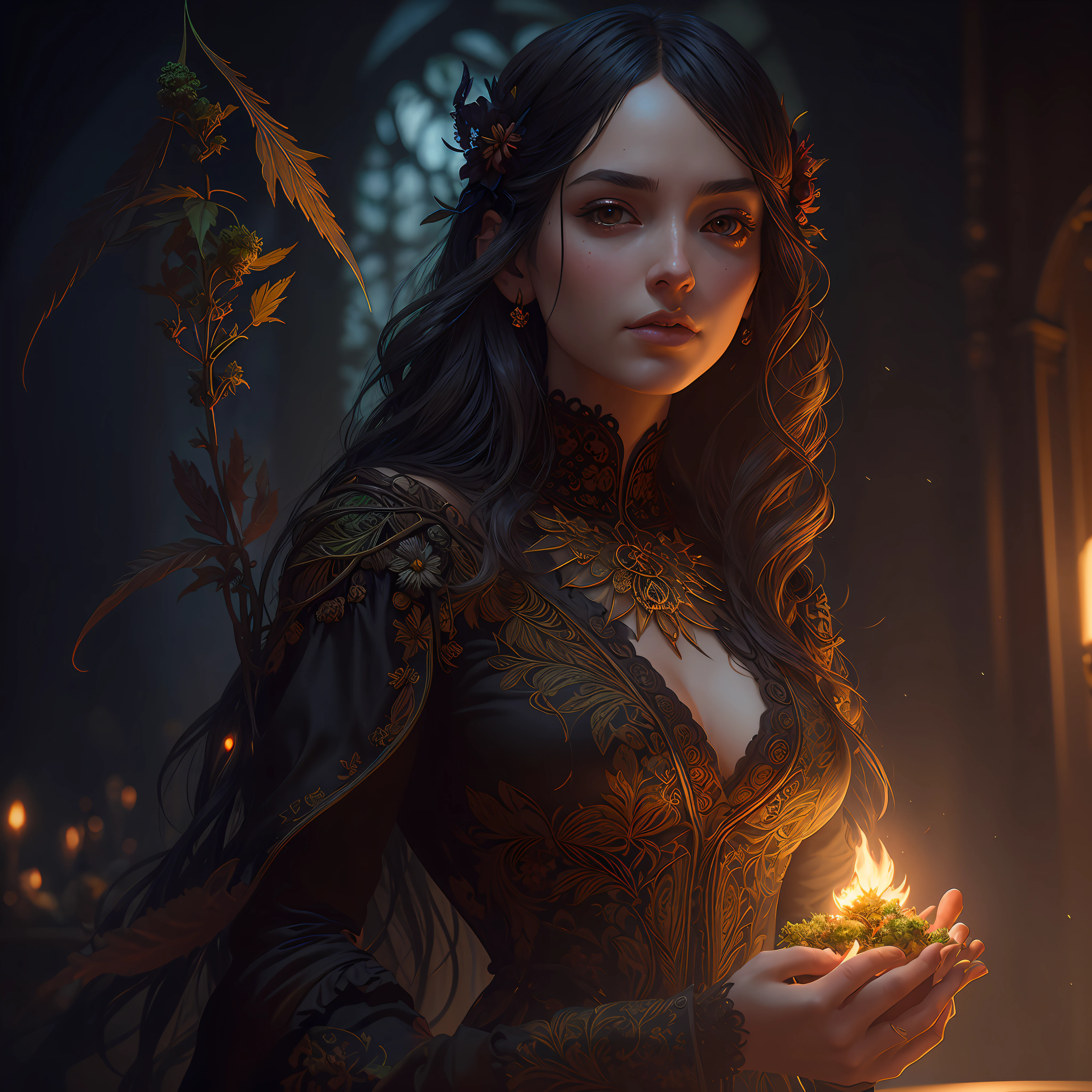 A Cannabis bud by Casey Weldon, Olga Kvasha, Miho Hirano, hyperdetailed intricately detailed gothic art trending on Artstation triadic colors Unreal Engine 5 detailed matte painting, deep color, fantastical, intricate detail, splash screen, complementary colors, fantasy concept art, 8k resolution, gothic deviantart masterpiece, (dark shot:0.9), art by greg rutkowski and artgerm, soft cinematic light, adobe lightroom, photolab, hdr, intricate, highly detailed, dahlia