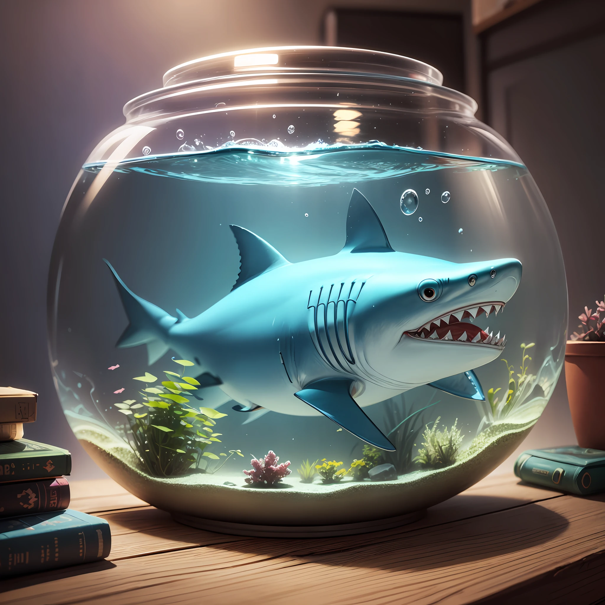 Imagine a shark and a beta fish inside a round aquarium --auto --s2