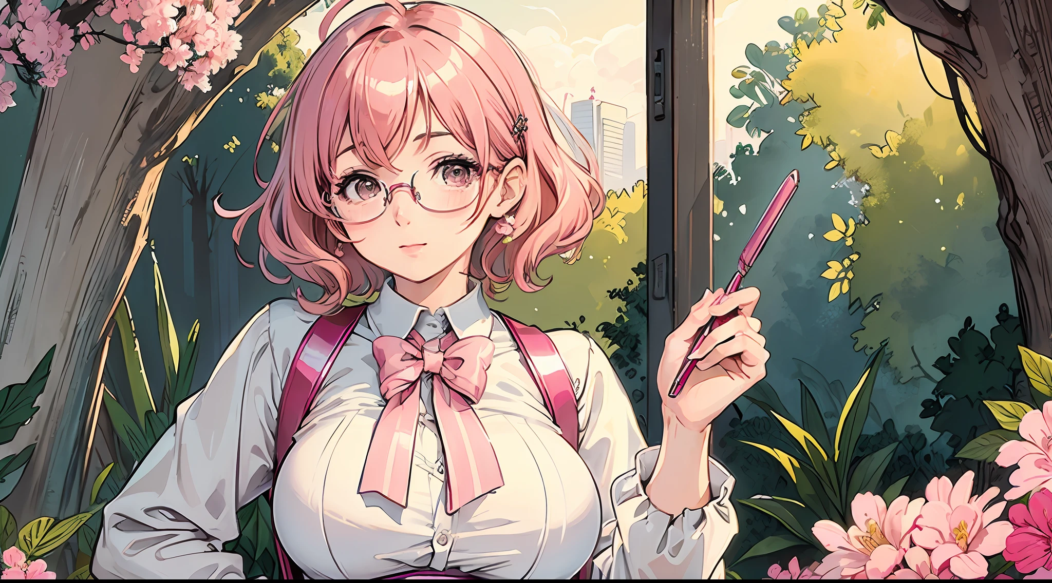 (masterpiece:1.2, best quality), (dinamic lighting) 1lady, solo, short hair, big breasts, (shiny skin:1.2), upper body, glasses, modern, wavy pink hair,pink Suspenders, flower on ear, harajuku style, hair pin, loli ,ahoge