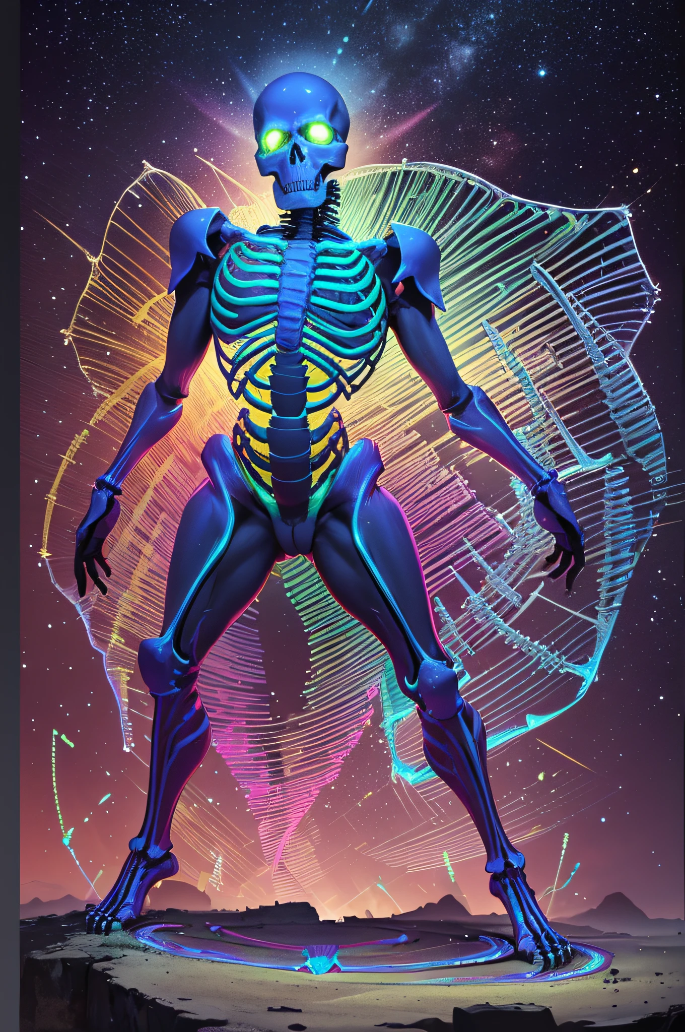 Mexican folk art, fantasy/mythical, vibrant colors, (((magic of a powerful skeletal man))), mexican art crafts, led lights, neon light texture, colored night, luminescent fireworks, bio sparks, bioluminescent skin, (neon symbology), (((dynamic pose))), concept art, powerful color, bright led, (((translucent skin made of stars showing parts of its skeleton))), full body, realistic parts of the skeleton, skull