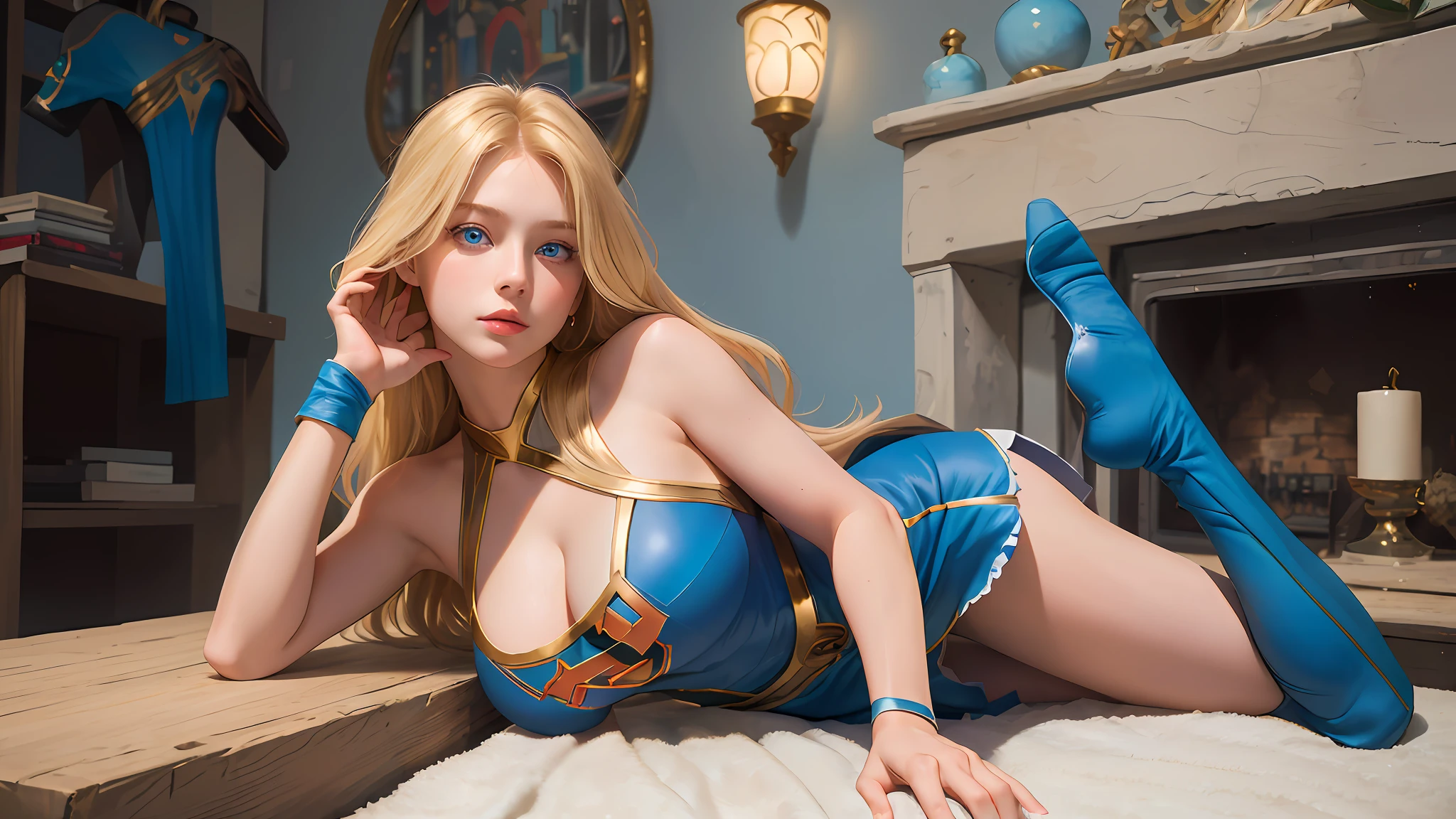 ((Best quality, masterpiece, absurd))1girl,solo,beautiful woman,blue expressive eyes,beautiful woman,long blonde hair, 23 years, solo, 1girl,hourglass body,huge breasts, defined body, wearing Supergirl cosplay bodysuit,skirt supergirl