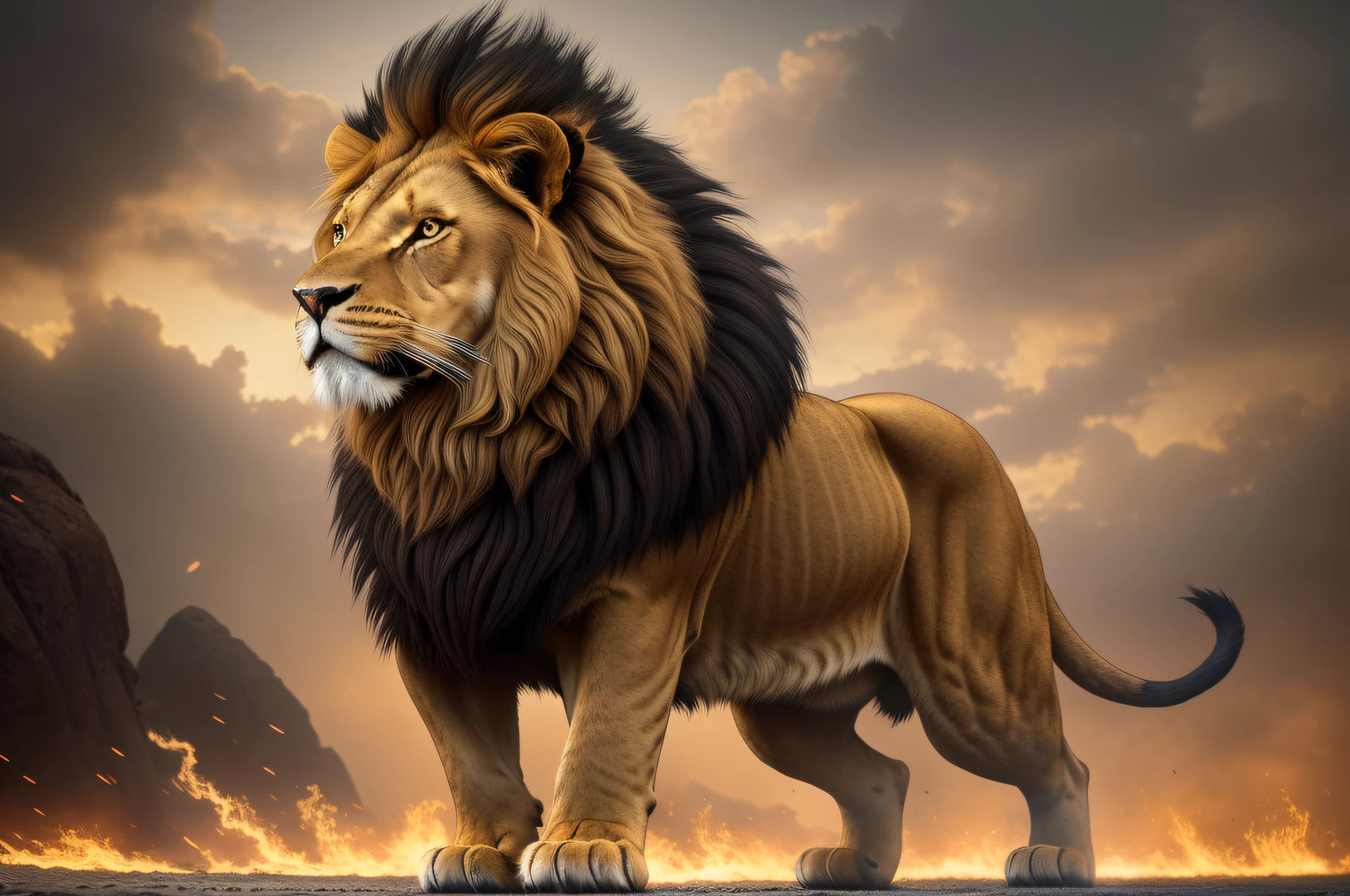 ultra wide angle, in focus, dark epic background, gorgeous lifelike, moody golden fur design, dynamic pose of a lion, the full and whole body, full length shot, hyper details, lighting art, cinematic, insane details, intricate details, hyperdetailed, goth, fractal, dark shot