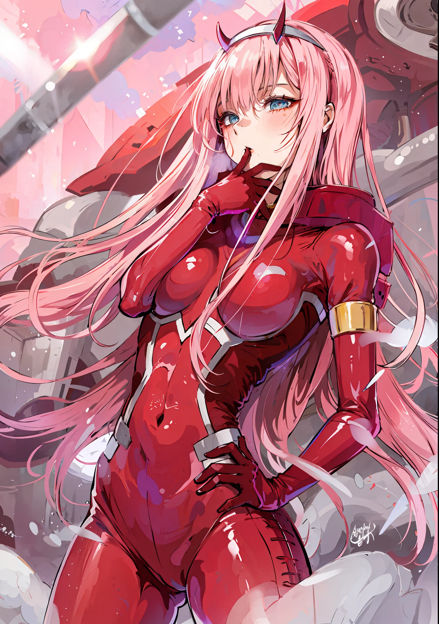 Masterpiece, top quality, best quality, official art, beautiful and aesthetic, anime, 1girl, Zero Two, extremely detailed, colorful, more detailed ((ultra-detailed)), (highly detailed CG illustration), solo, pink hair, pair of horns, verd s eyes, long hair, (focus on character), pilot outfit, red bodysuit with white details, science fiction, blood