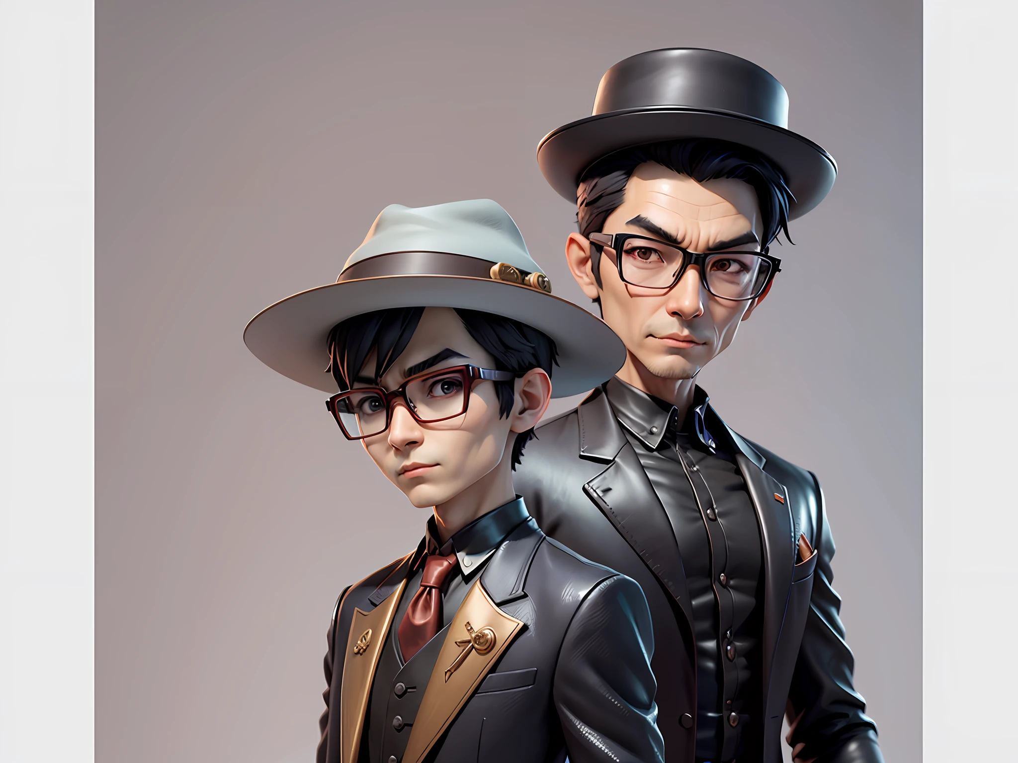 Young man with oriental face in leather hat, dragon, formal suit, short black hair, silver glasses, digital painting, 3D character design by Mark Clairedon and Pixar and Hayao Miyazaki and Akira Toriyama, the illustration is a high-definition illustration in 4K resolution with very detailed facial features and cartoon-style visuals.