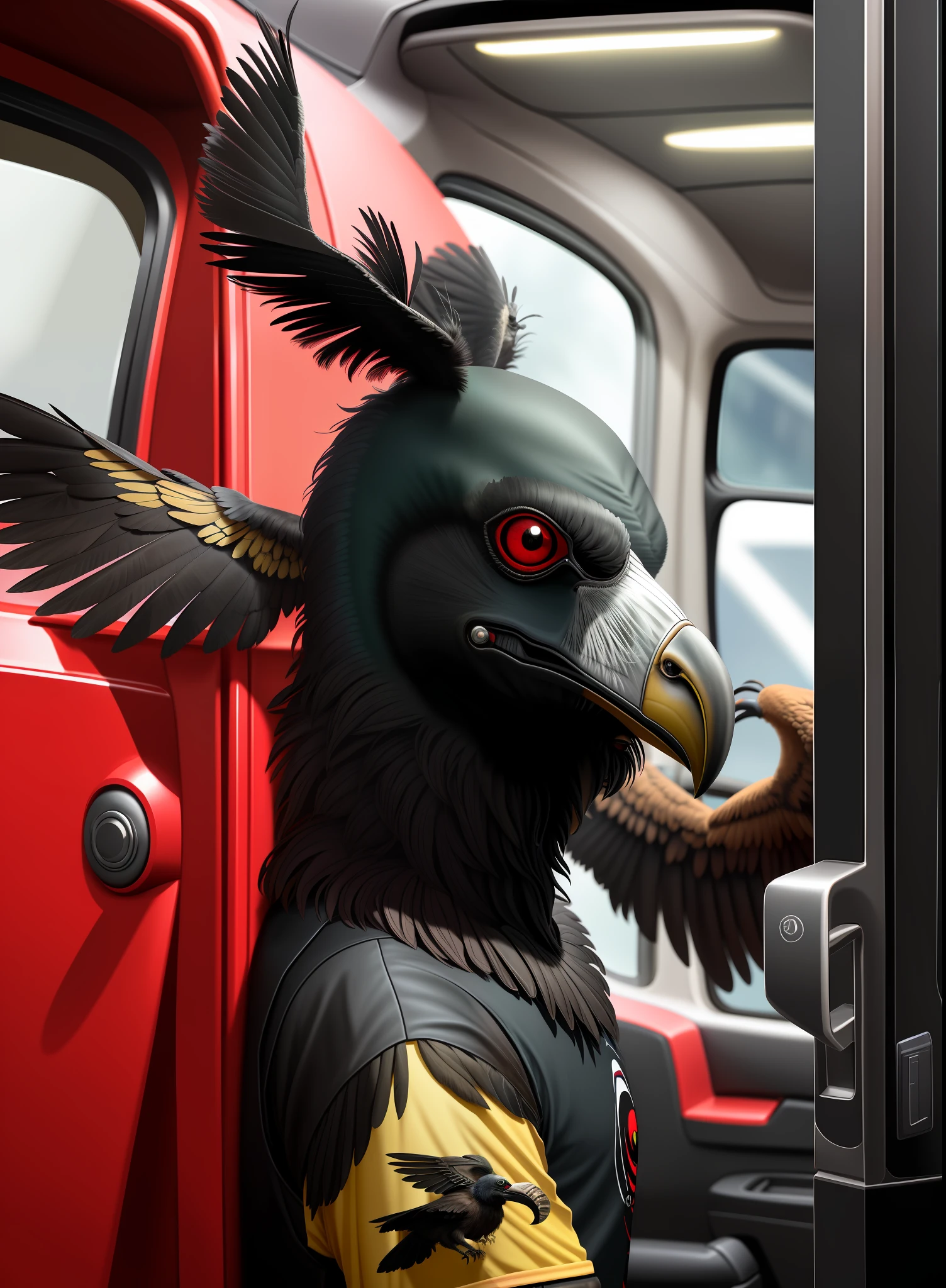 Ultra realistic, Beetle, vulture inside, flamengo shirt, with arm in the door.