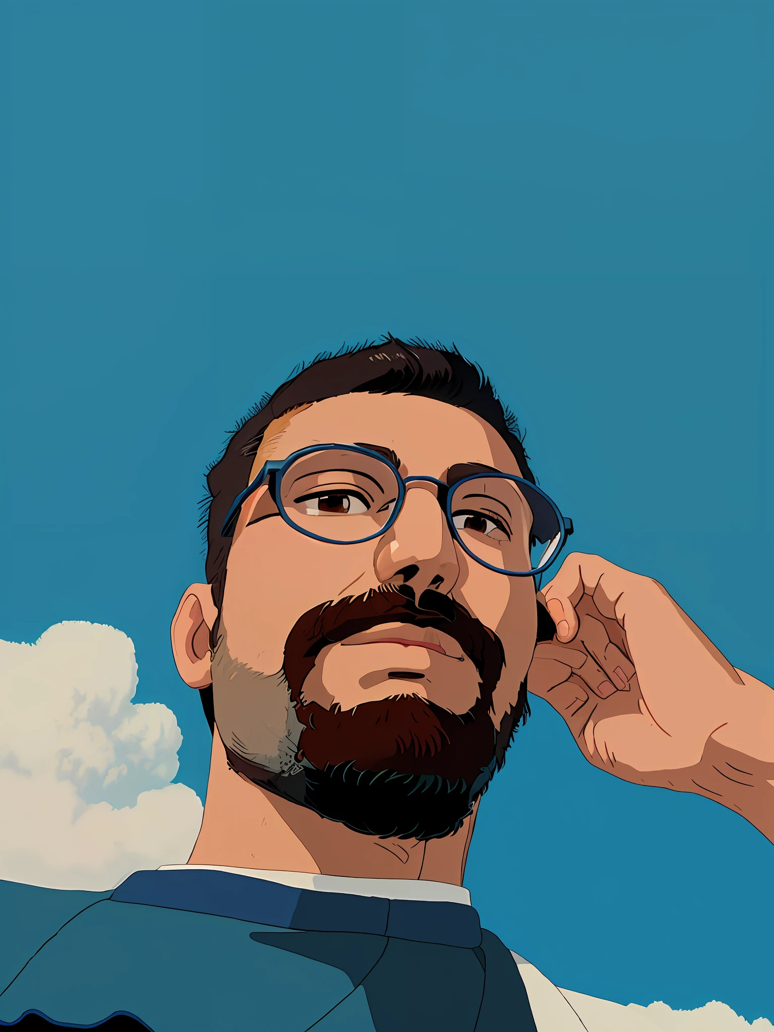 There's a Latino man with talking glasses, headshot profile picture, with nerdy glasses and goatee, thin beard on the sides, looking at the camera, looking down, eyes half closed, eyes looking at the camera almost closed, gorgeous blue sky in the background, anime studio ghibli art, light brown eyes, dark brown beard and black hair