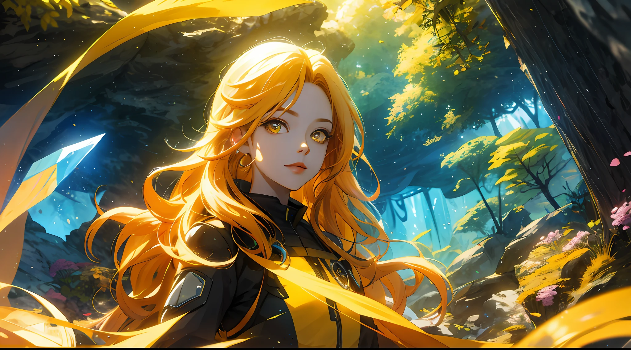 1woman .colorful eyes, yellow wavy long hair, crystal canyon background, looking at viewer,extremely detailed CG unity 8k wallpaper