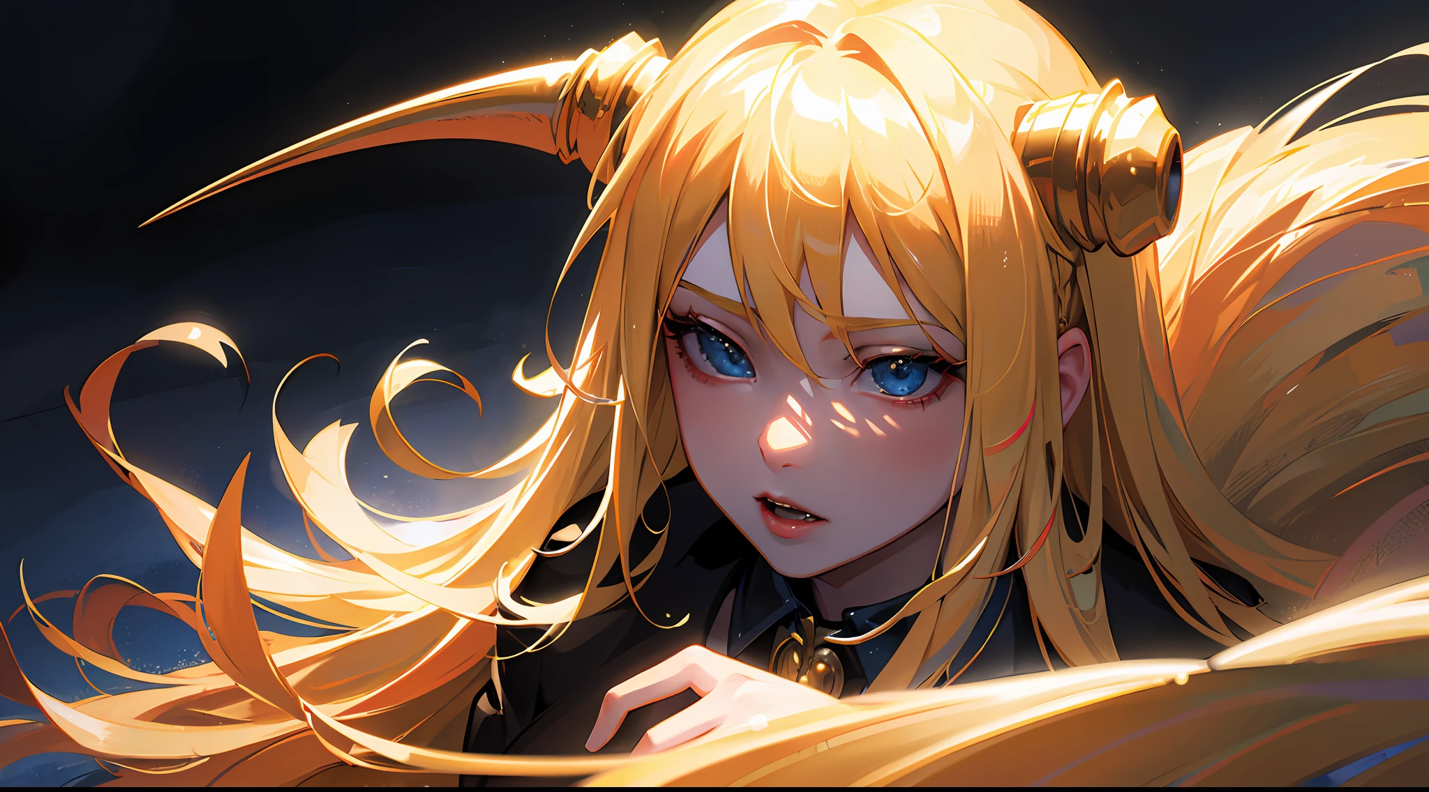 Best quality, masterpiece, ultra high res, (photorealistic:1.4), raw photo, 1girl, blonde hair, shiny skin, dramatic lighting, (fantasy), vampire, horn,