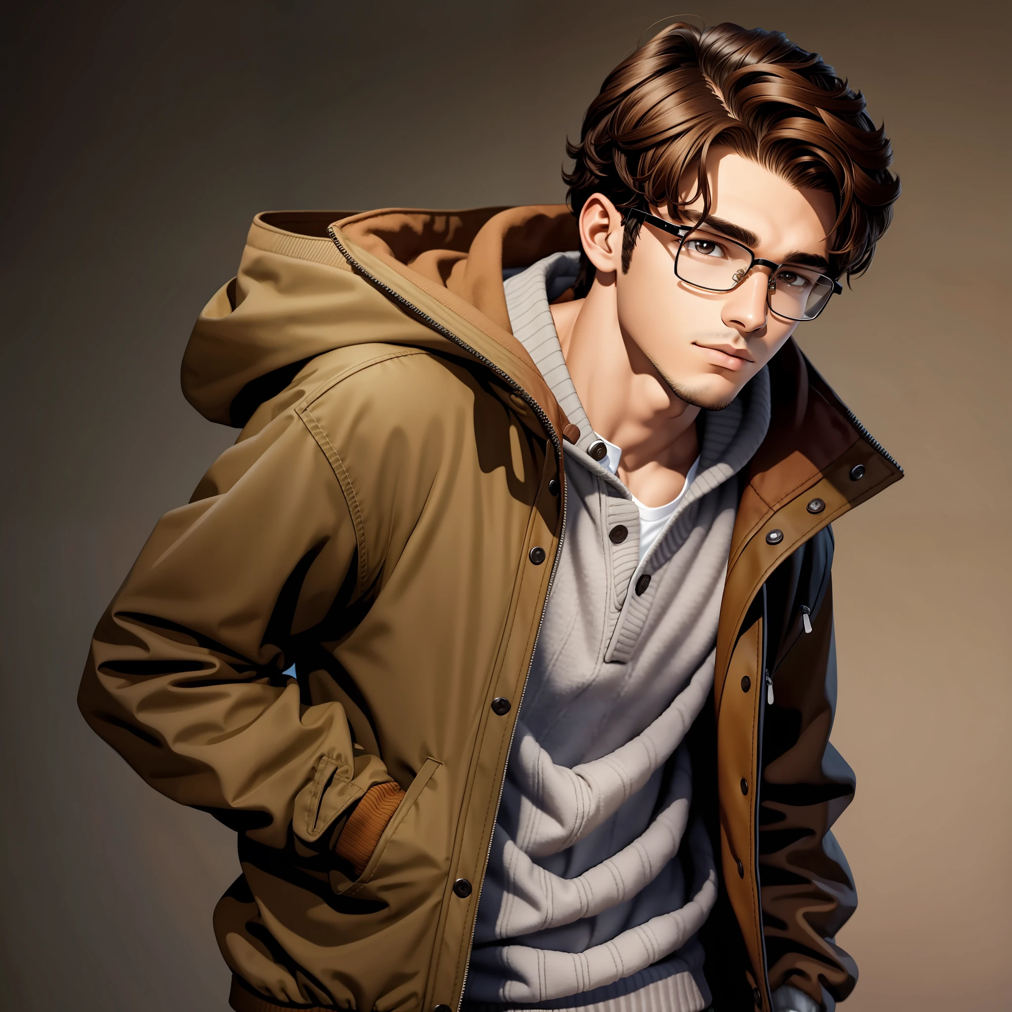 Original and unique authentic character,A young man with medium weight,with brown hair,short and wavy,he has brown eyes. He wears a jacket, sweaters with hood, is 18 years old and wears glasses.