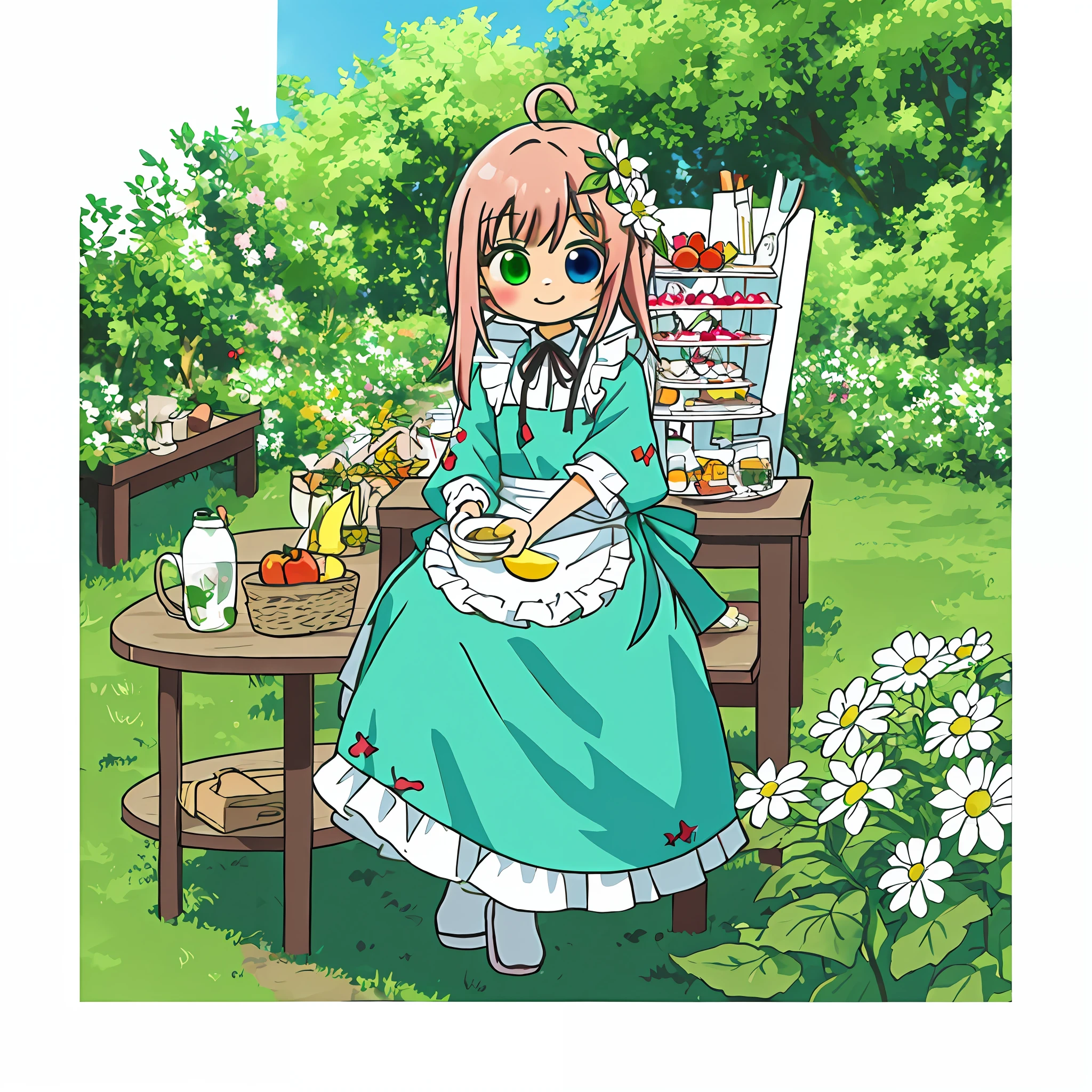 (Masterpiece: 1.2, highest quality), ultra high resolution, absurdity, high resolution, 1 girl, girl in the distance, sitting, (tilting face),
(Detailed beautiful eyes: 1.1), (Heterochromia, light blue eyes, light green eyes) cute girl,wavy long hair,embroidered accessories,indoors,(((cute patchwork quilts kawaii room)))(((messy girly general merchandise,ribbon))),many cute quilt patchwork goods,table,display shelf,tea,basket,bottle ,butter,flower,Cake,food,fork,knife,fruit,cute Glass teapot,raspberry, fruit pound cake, fruits cake, fruits tarte, apple pie,cute quilt patchwork, basket, daisy, vegetable, watering_can, vase, jar, leaf, lemon cake, lily_(flower), apron, cottagecore dress, happy smile, perspective,(pastel pop color),( impressionism: 1.3), Dynamic Angle