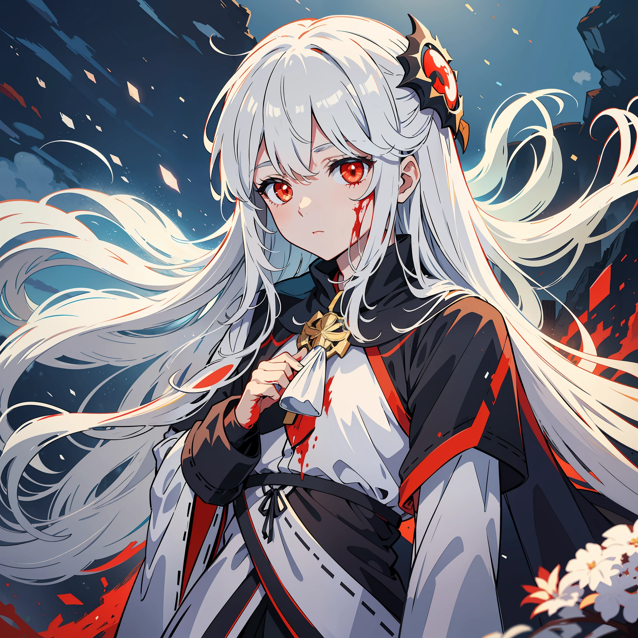 Cinematic lighting, better lighting, better illustration, better desinger, better coloring, better quality, best anime, one ((boy:1.4)) with long white hair, (red glowing eyes), with blood on his face, blood on his old tunic robes, background of place in the snow, artistic lighting, lora:light--style, lora:addDetailed:1.2, lora:more_details:1.2, lora:eyeDetailed:1.2,  lora:eyesdetails, lora:Landscape, lora:light--cinematography, lora:anime, lora: cute--kawaii, lora: Niji--anime.