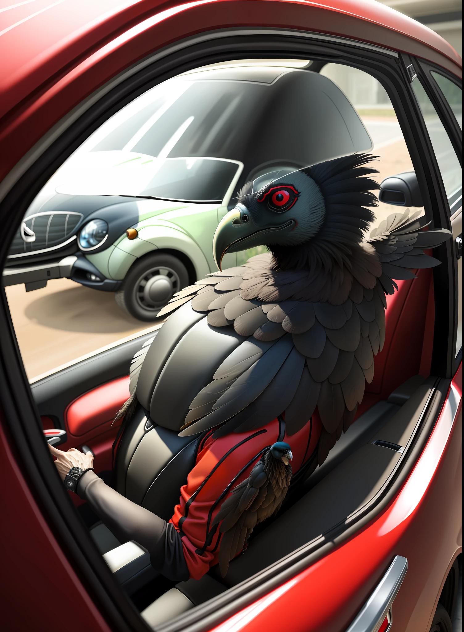 Ultra realistic, Beetle, vulture inside, flamengo shirt, with arm in the door.