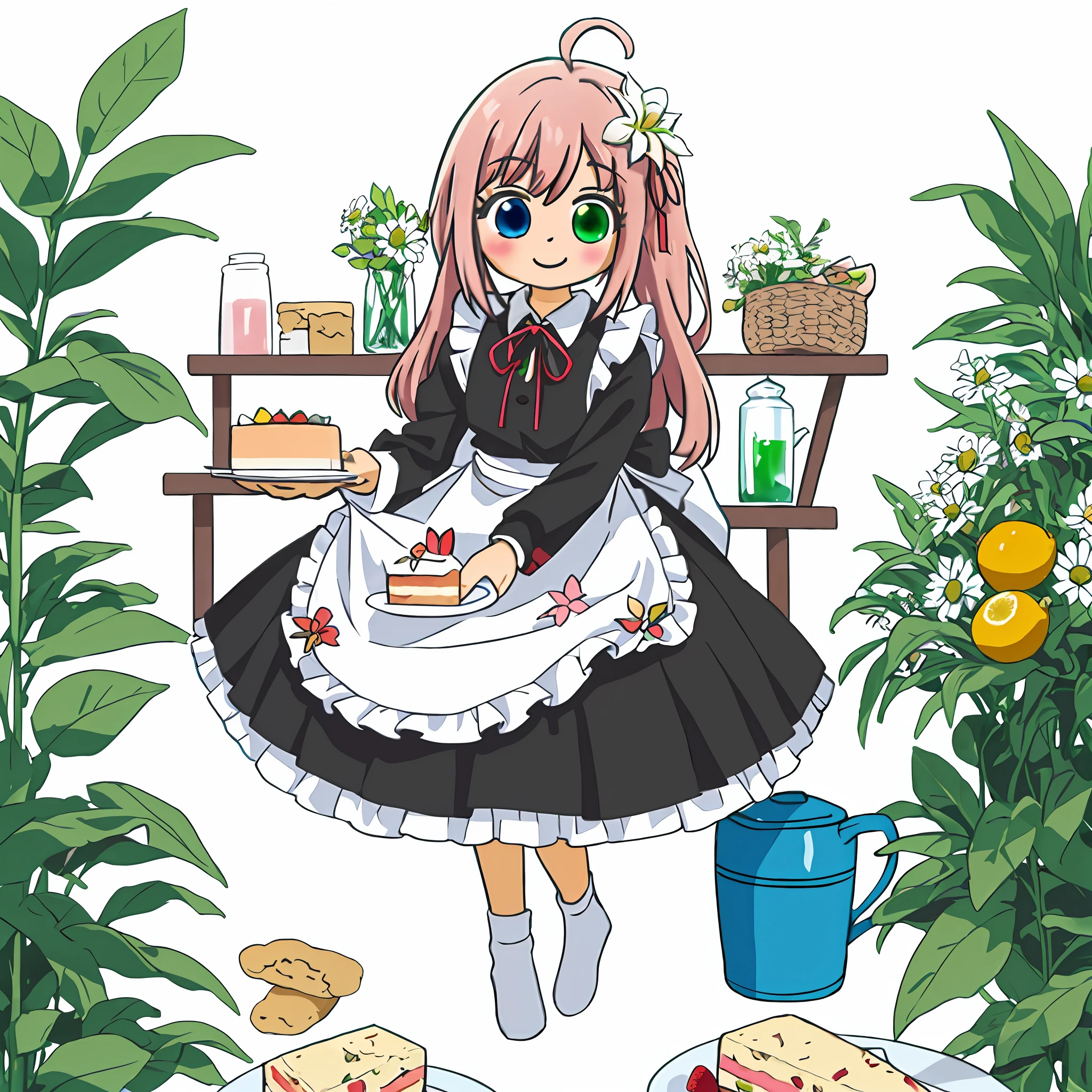 (Masterpiece: 1.2, highest quality), ultra high resolution, absurdity, high resolution, 1 girl, girl in the distance, sitting, (tilting face),
(Detailed beautiful eyes: 1.1), (Heterochromia, light blue eyes, light green eyes) cute girl,wavy long hair,embroidered accessories,indoors,(((cute patchwork quilts kawaii room)))(((messy girly general merchandise,ribbon))),many cute quilt patchwork goods,table,display shelf,tea,basket,bottle ,butter,flower,Cake,food,fork,knife,fruit,cute Glass teapot,raspberry, fruit pound cake, fruits cake, fruits tarte, apple pie,cute quilt patchwork, basket, daisy, vegetable, watering_can, vase, jar, leaf, lemon cake, lily_(flower), apron, cottagecore dress, happy smile, perspective,(pastel pop color),( impressionism: 1.3), Dynamic Angle