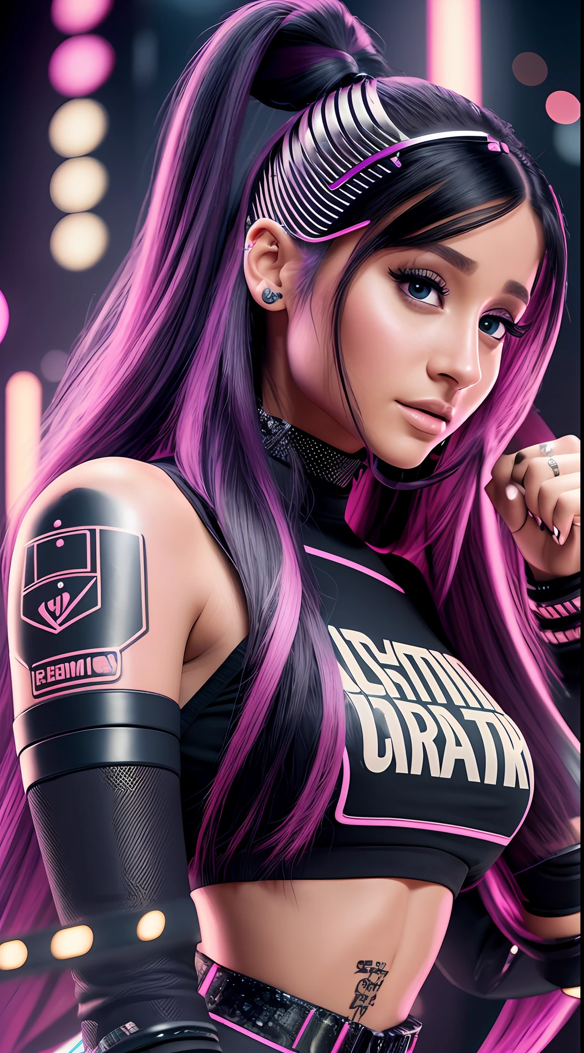 Ariana Grande, Hyper realistic photo, young woman with long black hair with stirs, bright face, cyberpunk outfit, black and pink guitar on stage and microphone, large and blurry speakers in the background, perfect human hands with 5 fingers, 2 perfect arms, tattoo on arm, portrait composition, look at camera, blurry, 16k, 3d rendering, octane rendering,  complex details, 8k post-production, high resolution, incredibly realistic and detailed expressions, 8k UHD, masterpiece, ultra fine details --auto --s2