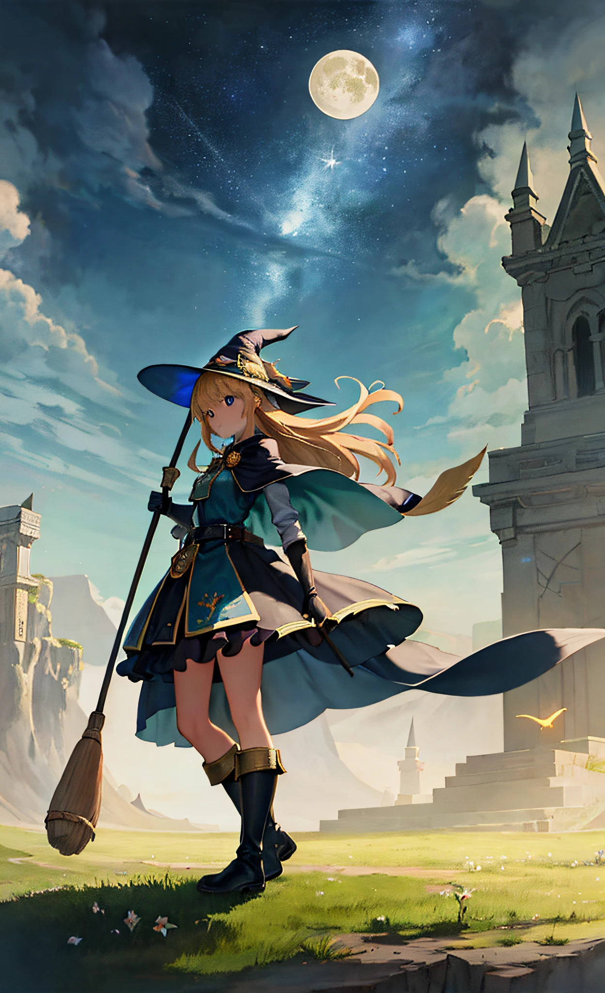 masterpiece, best quality, ultra-detailed, illustration, 1girl, solo, fantasy, flying, broom, night sky, outdoors, magic, spells, moon, stars, clouds, wind, hair, cape, hat, boots, broomstick, glowing, mysterious, enchanting, whimsical, playful, adventurous, freedom, wonder, imagination, determination, skill, speed, movement, energy, realism, naturalistic, figurative, representational, beauty, fantasy culture, mythology, fairy tales, folklore, legends, witches, wizards, magical creatures, fantasy worlds, composition, scale, foreground, middle ground, background, perspective, light, color, texture, detail, beauty, wonder.