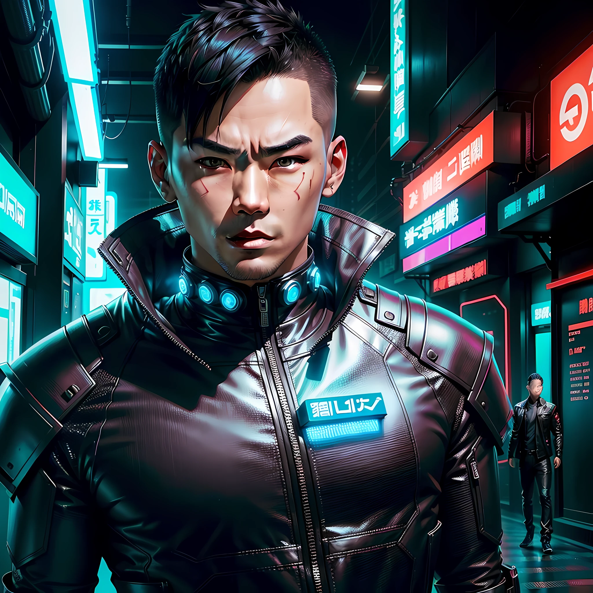 Create an Asian man cyberpunk style, futuristic background, short hair, futuristic clothes, (best quality), ((1:1 resolution), (face centered in the center of the image), avatar photo only, (head + shoulders), 8k resolution, realistic photo, neon lights, (technology elements), (film grain).