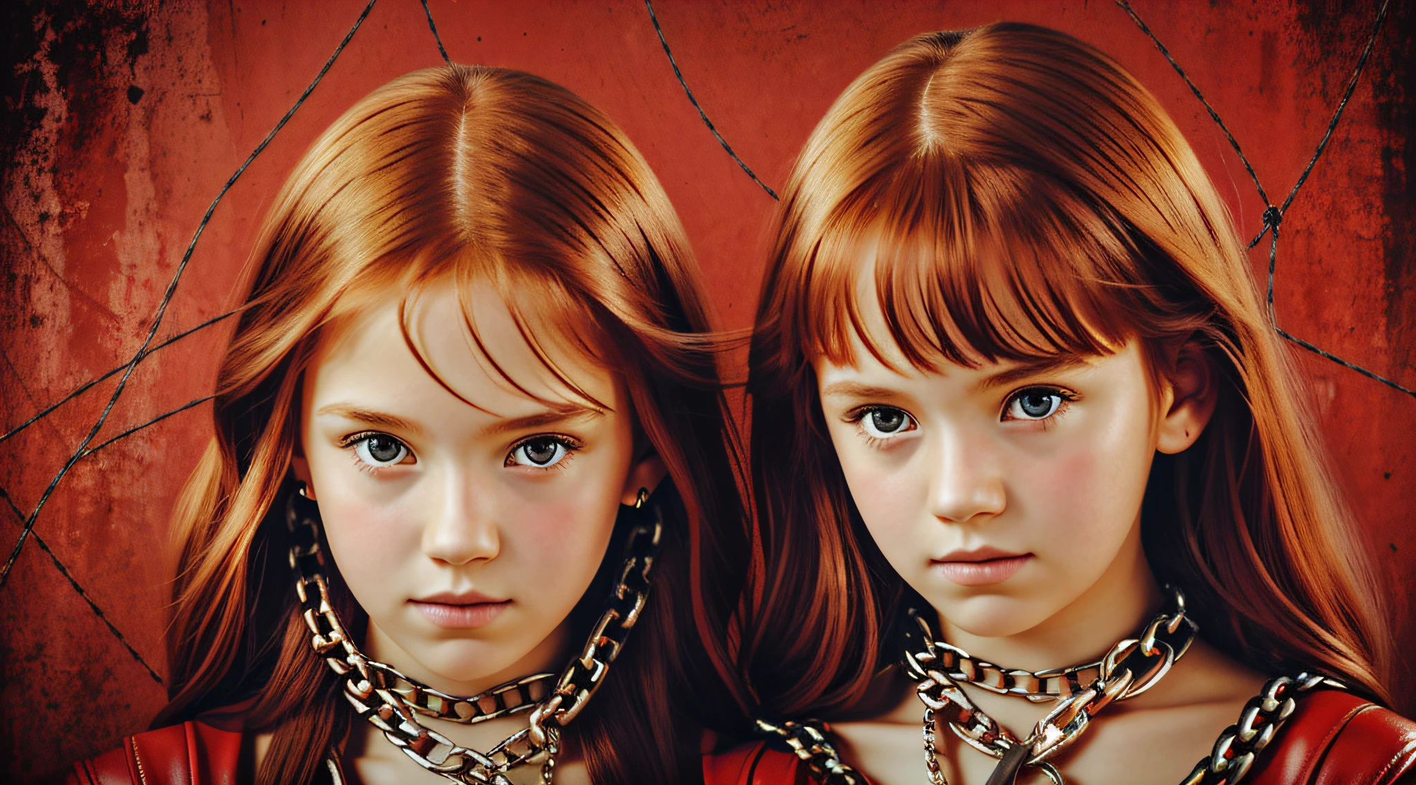 A half body, portrait of 3 girls German children long red hair of 12 years, red leather jackets, holding in their hands a cross, background of chains, chain, more chains, many chains, , red, red fire, many background flames.