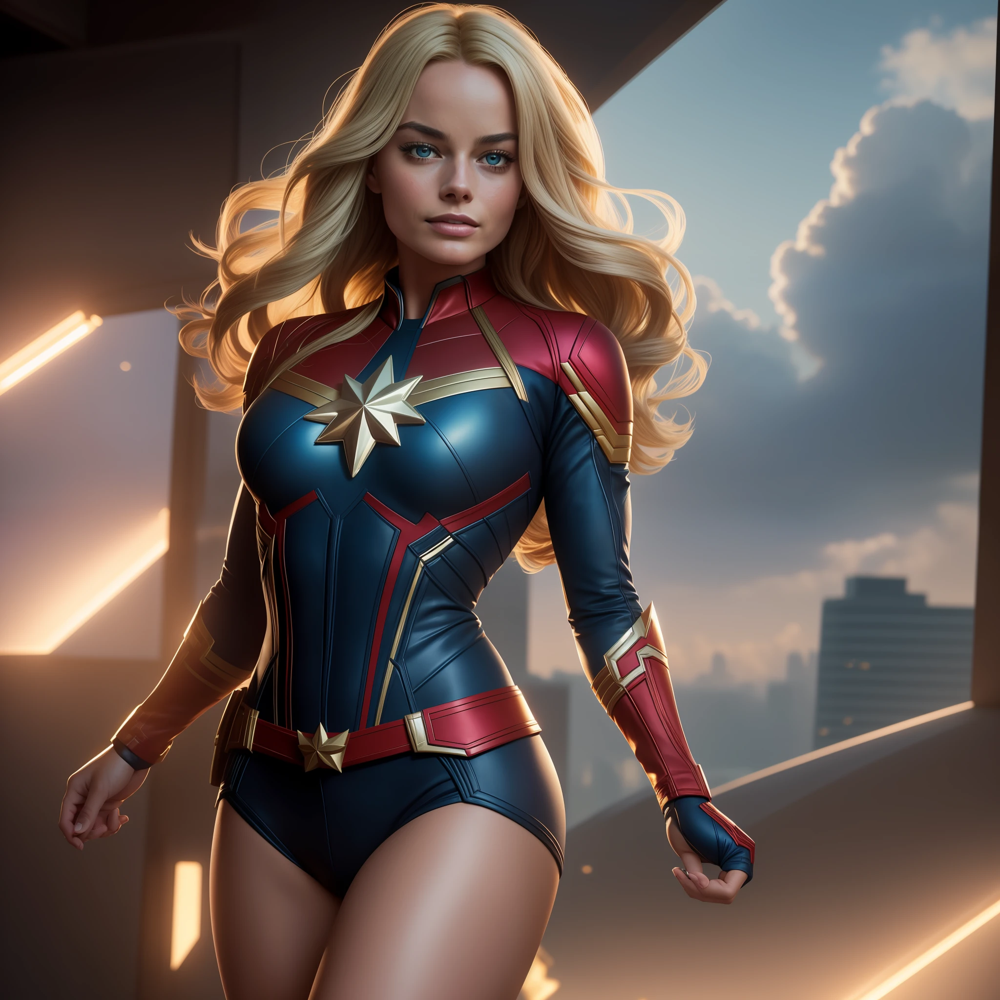 Margot Robbie with Miss Marvel cosplay ((proud expression)), Captain Marvel, masterpiece, best quality, ultra detailed ((full body including legs)), in the air, flying hair band, (clouds, city, stunning view), ultra high resolution, high detail skin, realistic lighting, (natural skin texture, hyperrealism, soft light, sharp: 1.2), (highly detailed photo: 1.1), 8k, photorealistic, detailed skin texture, Highly detailed skin, detailed face, full body photo, prominent figure, photo (Masterpiece) (Best quality) (Detail) (8K) (HD) (Wallpaper) (Cinematic lighting) (Sharp focus) (Intricate), sexy