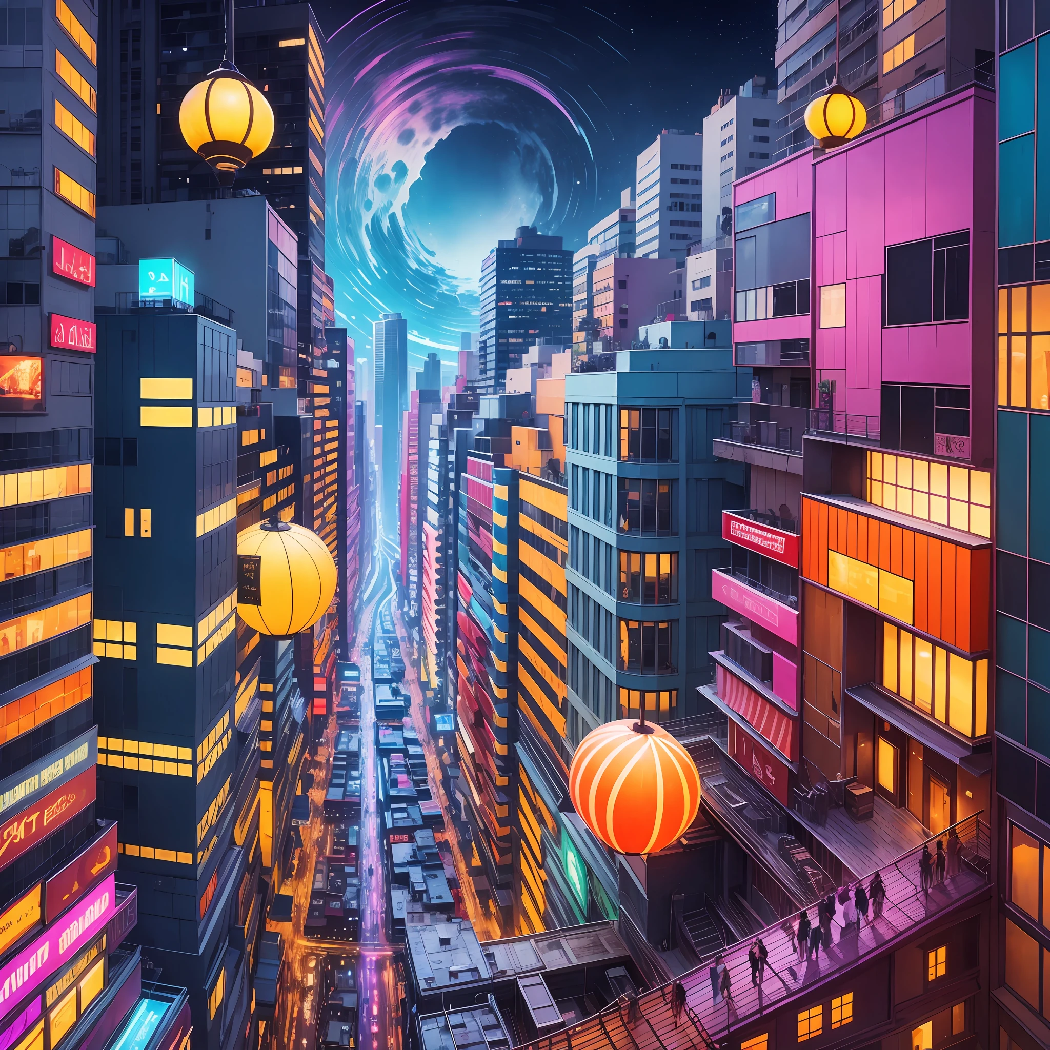 Vibrant Zina Aita-Style Nightscape A nighttime cityscape comes to life with a vibrant mix of Zina Aita-style colors, with illuminated tall buildings, bustling streets, and a lively atmosphere. Intricate details and an integration of colors add depth and dynamism to the scene, while Zina Aita's artistic style gives a unique feel to the image. --auto --s2