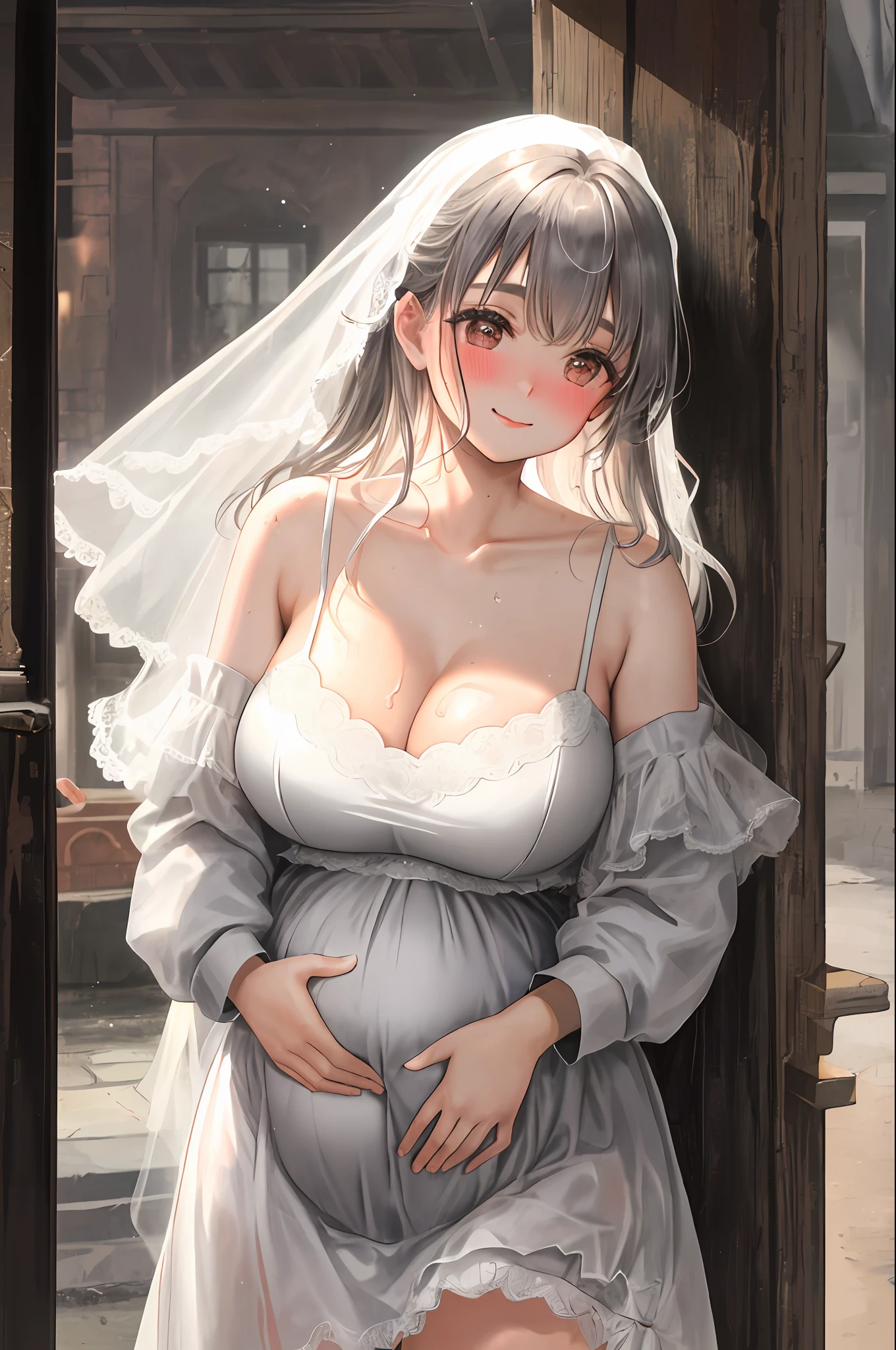 Masterpiece, best quality, high quality, high resolution, masterpiece  realistic, cleft lip, blush, makeup, light smile, gray hair, wedding dress, skirt, wet clothes, glowing hair, thighs, big teary eyes, bare shoulders, collarbone, narrow waist, sunlight, wind, cleavage, (masterpiece), big breasts, low cut, areola, E cup, sweat, black old man next to him, seventy year old black man next to him, seventy year old man holding girl, girl snuggled in the arms of seventy old man, seventy year old man holding girl, pregnant woman, 9  pregnant, full body photo