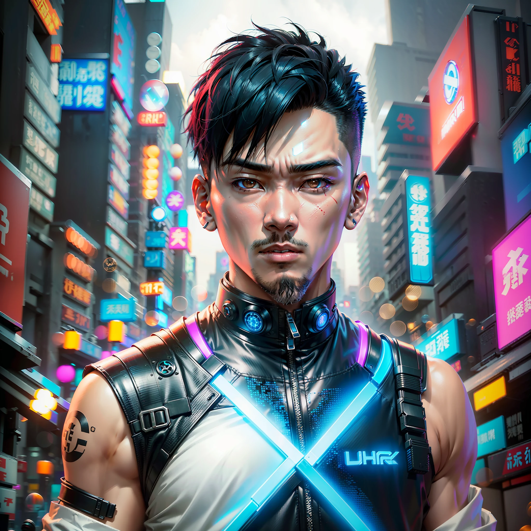 Create an Asian man cyberpunk style, futuristic background, short hair, futuristic clothes, (best quality), ((1:1 resolution), (face centered in the center of the image), avatar photo only, (head + shoulders), 8k resolution, realistic photo, neon lights, (technology elements), (film grain).