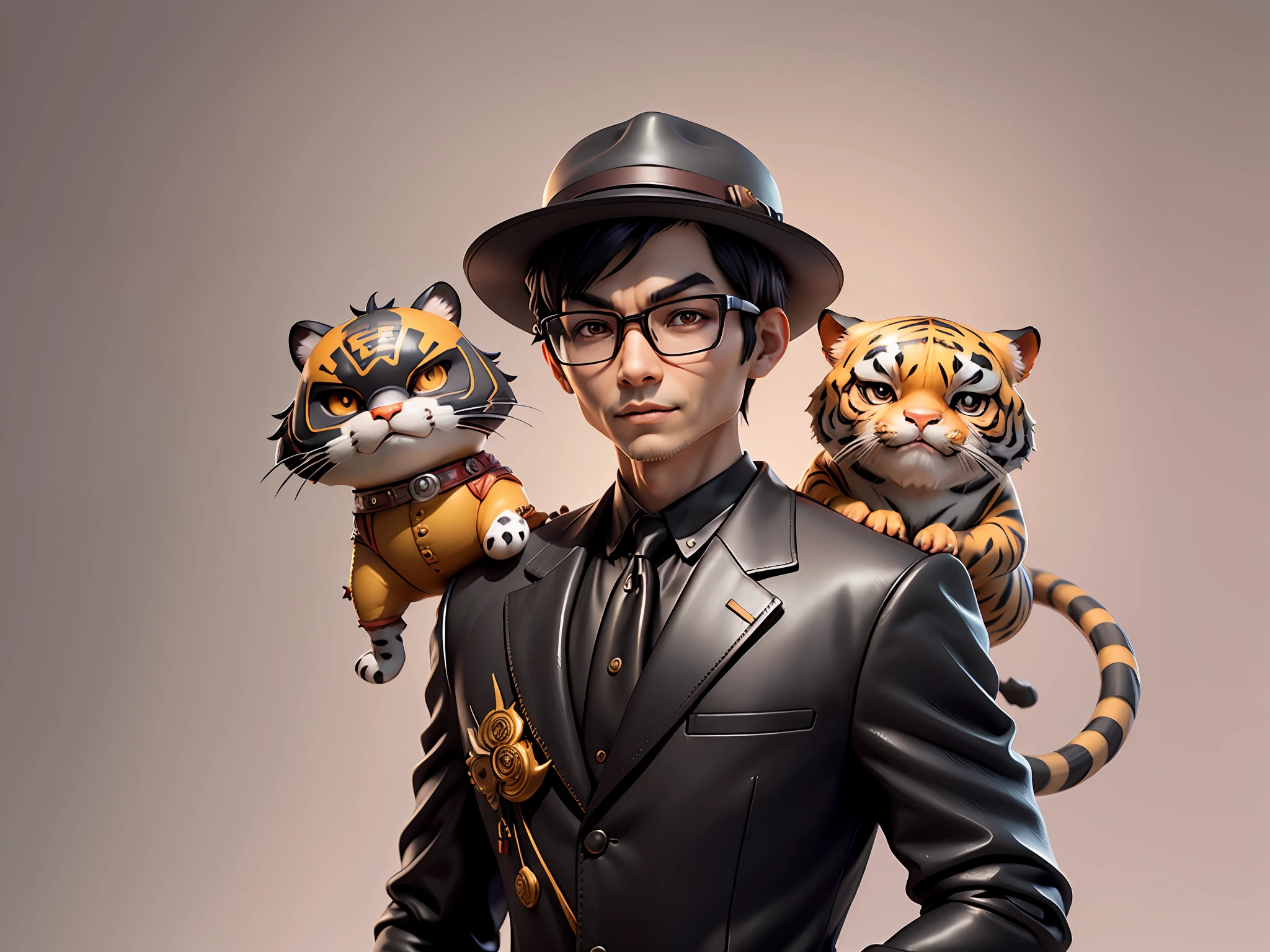 Young man with oriental face in leather hat, tiger, oriental face in formal suit, short black hair, silver glasses, digital painting, 3D character design by Mark Clairedon and Pixar and Hayao Miyazaki and Akira Toriyama, the illustration is a high-definition illustration in 4K resolution with very detailed facial features and cartoon-style visuals.