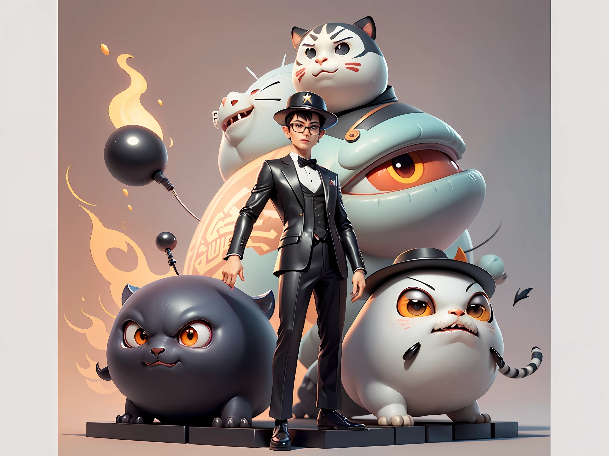 Young man with oriental face in leather hat, tiger, oriental face in formal suit, short black hair, silver glasses, digital painting, 3D character design by Mark Clairedon and Pixar and Hayao Miyazaki and Akira Toriyama, the illustration is a high-definition illustration in 4K resolution with very detailed facial features and cartoon-style visuals.