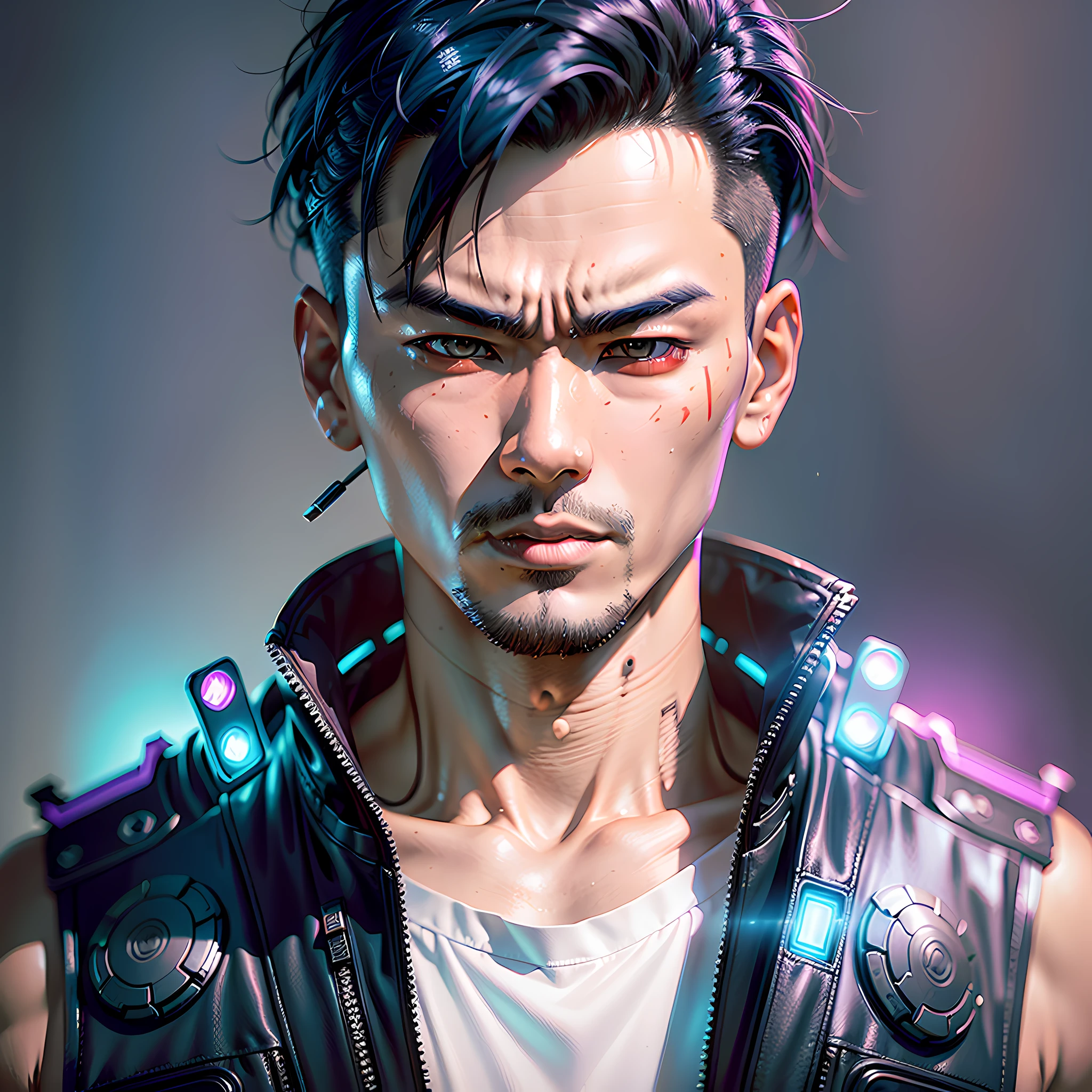 Create an Asian man cyberpunk style, futuristic background, short hair, futuristic clothes, (best quality), ((1:1 resolution), (face centered in the center of the image), avatar photo only, (head + shoulders), 8k resolution, realistic photo, neon lights, (technology elements), (film grain).