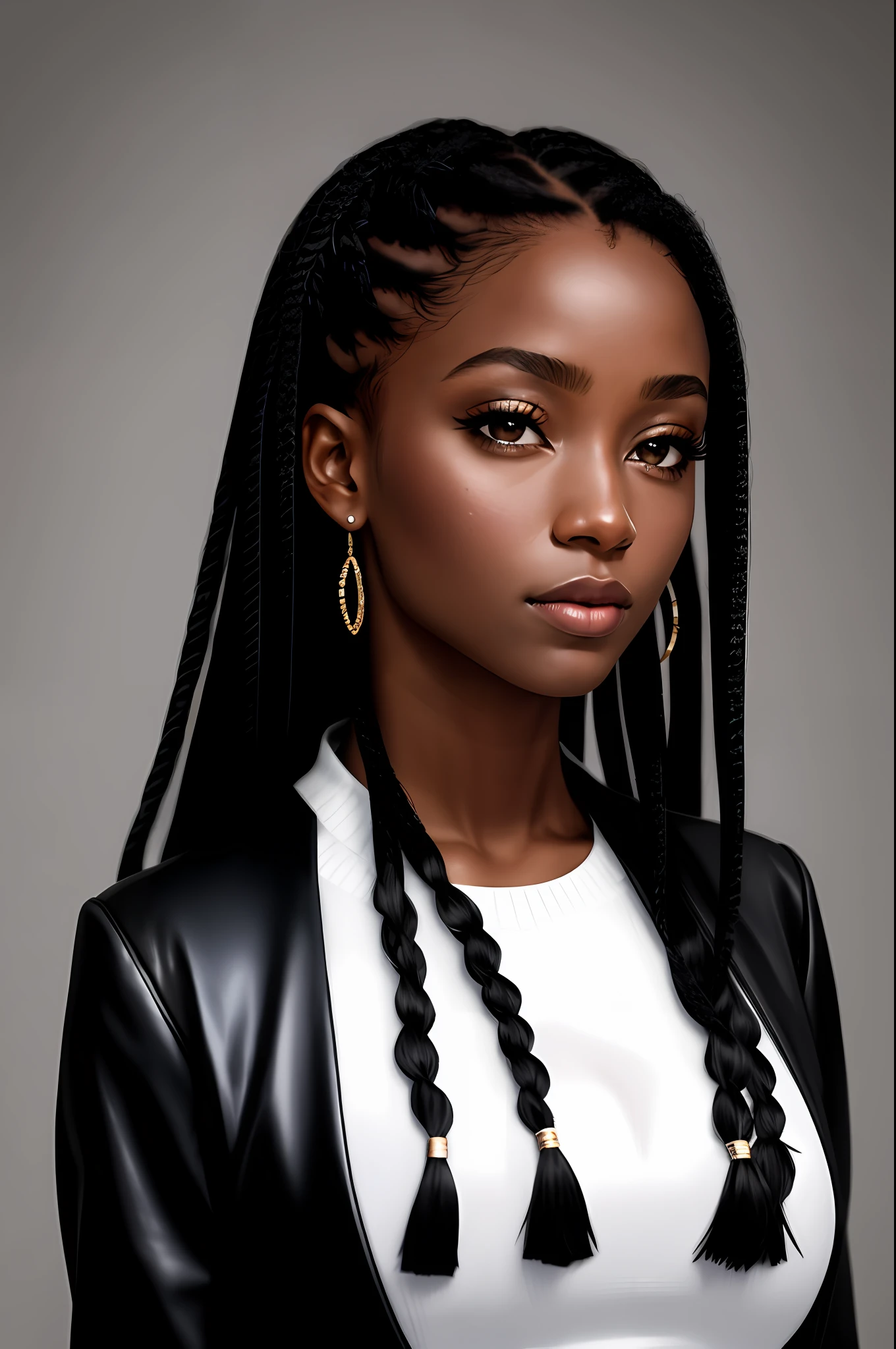 best quality, masterpiece, high resolution, ung black woman, black chorus jacket dress,light grey dress,hair with boxbraids,beautiful face,physique,Tyndall effect,realistic,clear studio,rim lighting,duotone lighting,(high detail skin: 1.2), 8k uhd, DSLR, soft light, high quality, volumetric light, stealth shot, photo, portrait, high resolution, 4k, 8k, bokeh