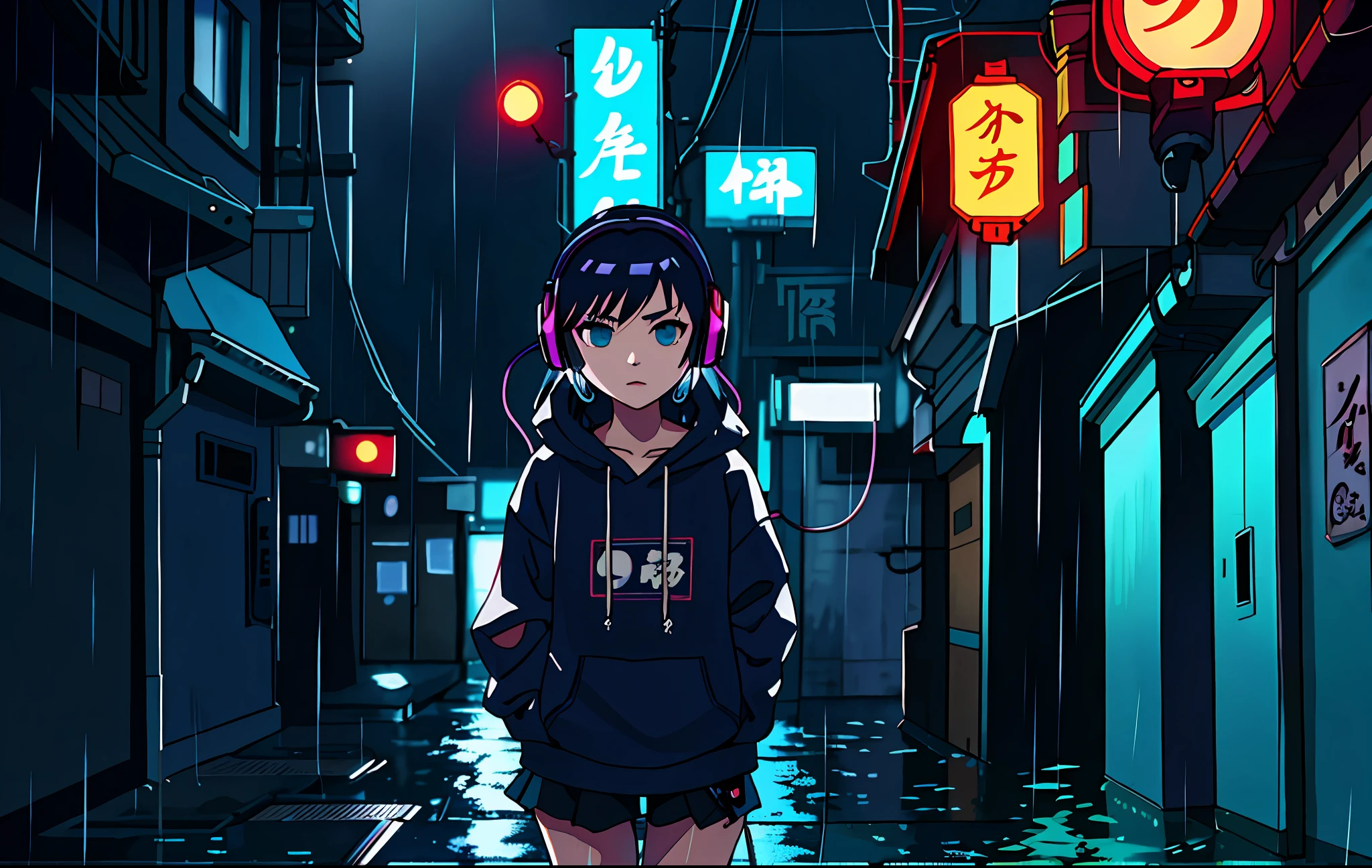 Anime girl, sweatshirt, rainy night in a Japanese style alley with cyberpunk lighting, futuristic neon environment, movement of water drops, dramatic and intense action, wet and shiny hair, focused expression and with headphones.