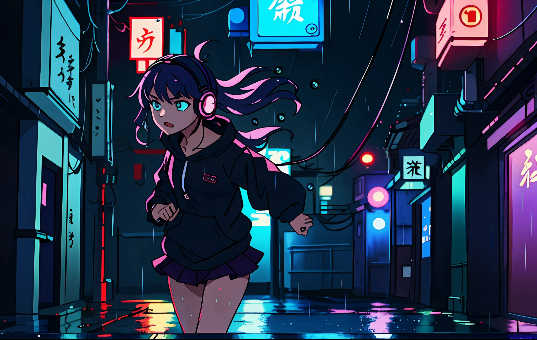 Anime girl, sweatshirt, rainy night in a Japanese style alley with cyberpunk lighting, futuristic neon environment, movement of water drops, dramatic and intense action, wet and shiny hair, focused expression and with headphones.