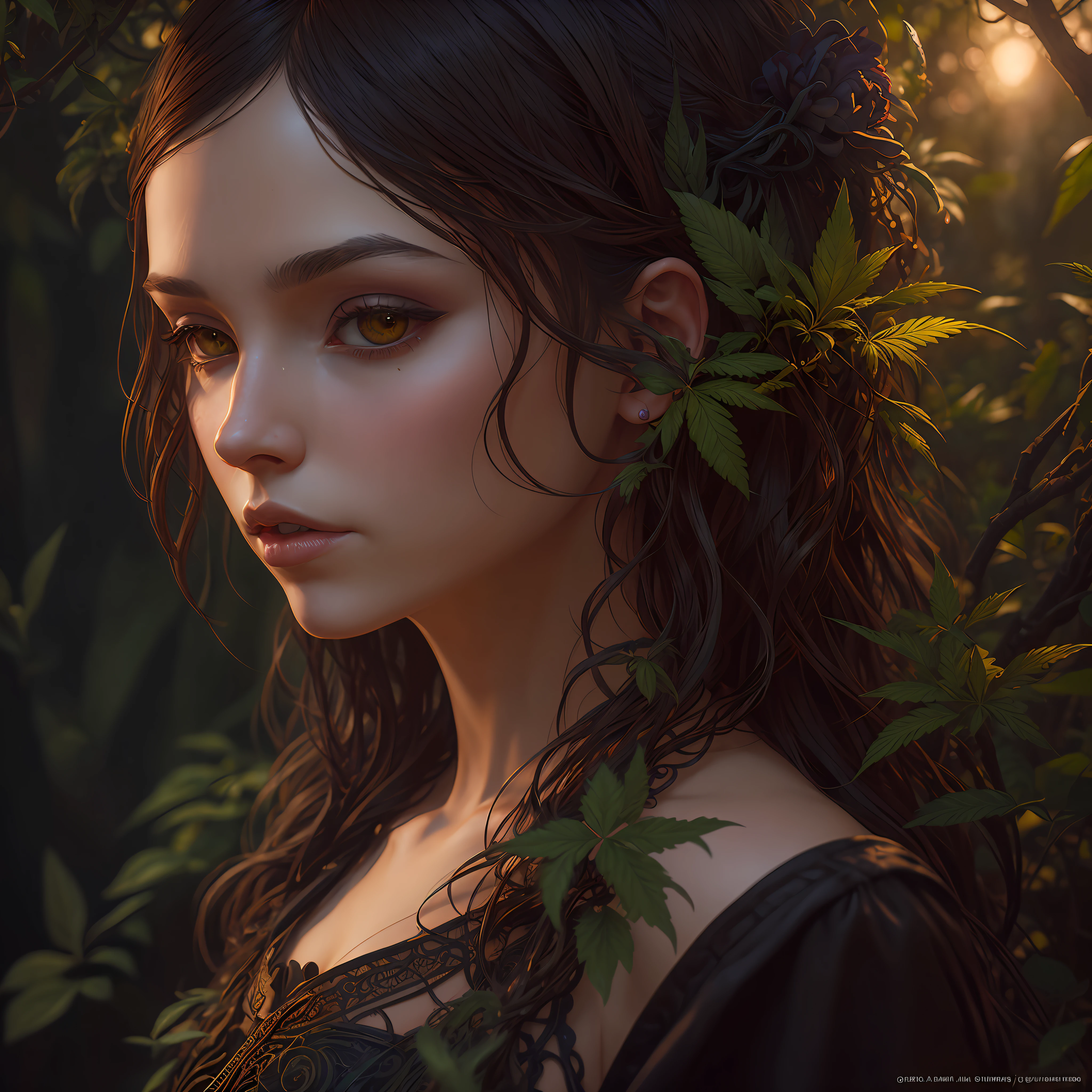 A masterpiece Cannabis bud Dryad portrait by Casey Weldon, Olga Kvasha, Miho Hirano, hyperdetailed intricately detailed gothic art trending on Artstation triadic colors Unreal Engine 5 detailed matte painting, deep color, fantastical, intricate detail, splash screen, complementary colors, fantasy concept art, 8k resolution, gothic deviantart masterpiece, (dark shot:0.9), art by greg rutkowski and artgerm, soft cinematic light, adobe lightroom, photolab, hdr, intricate, highly detailed, dahlia