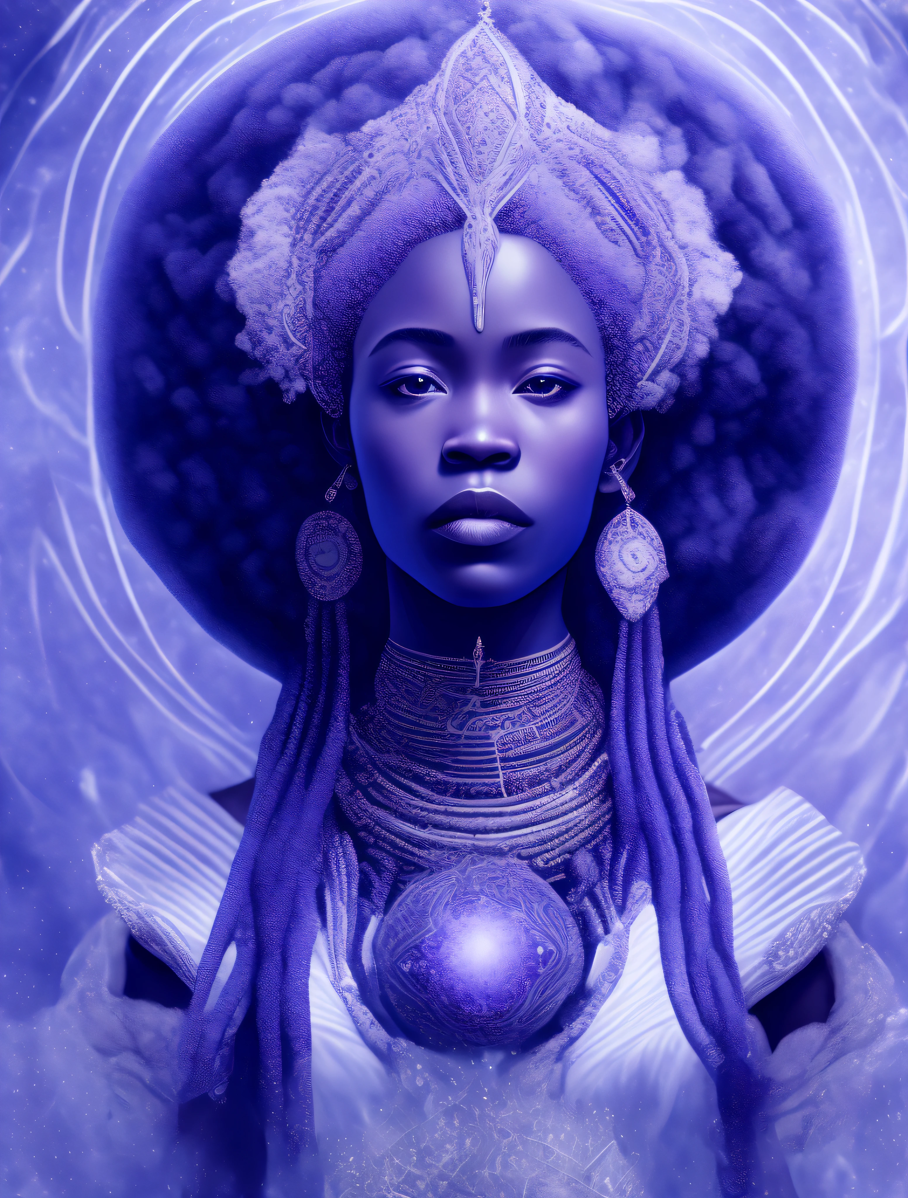 Nanã the African Orisha wearing a detailed and intricate ade, white, lilac and indigo-blue, goddess of the origin of man on Earth, sweet look, sweet countenance cosmic goddess, queen of the waters and the moist earth, astrophotography