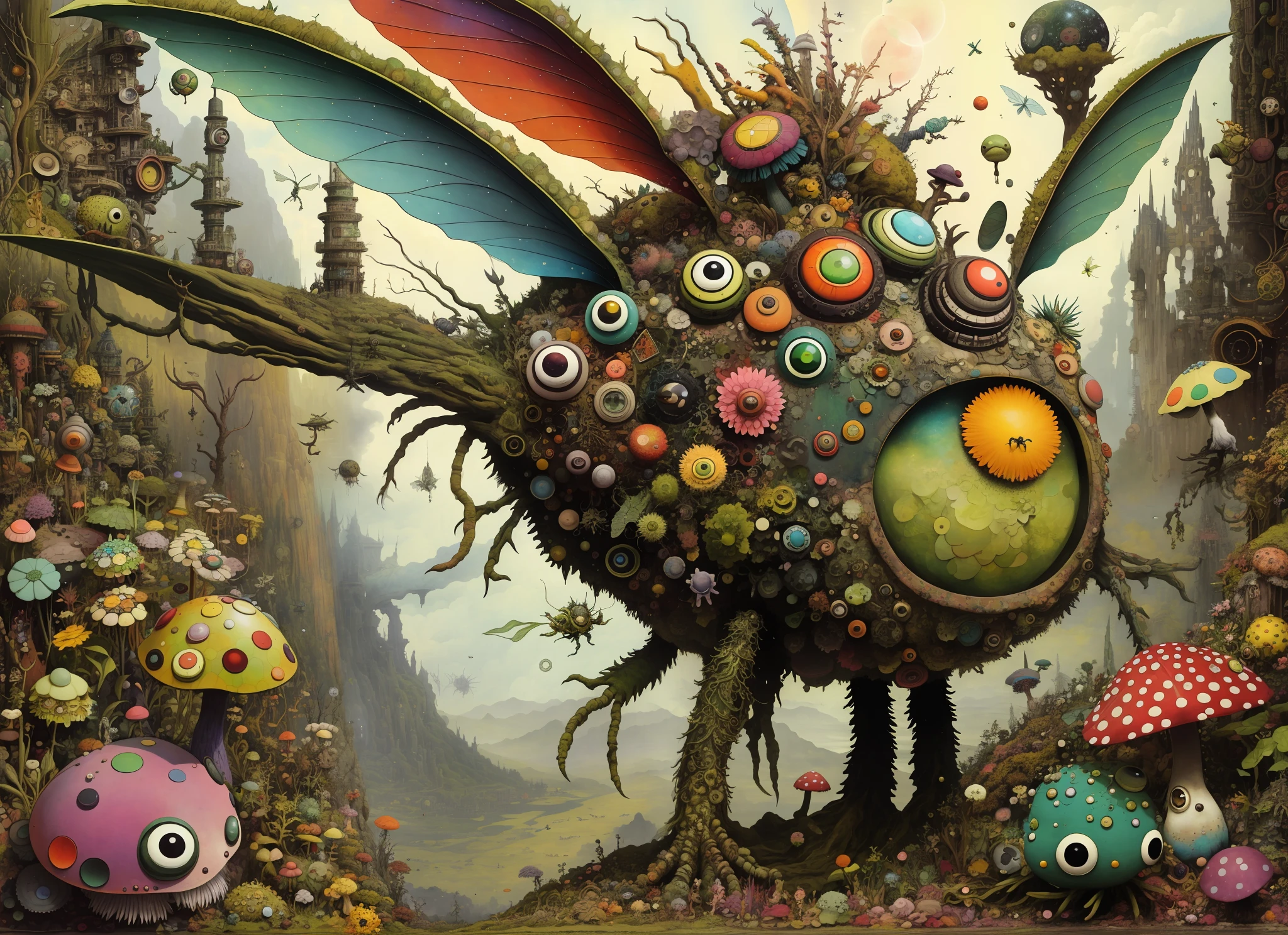 gonzobugs moss monster with pointy ears, big eyes, colorful mushroom cluster clinging from its back, in the style of cybermysticsteampunk, dark emerald and brown, use of bright colors, naturalist aesthetic, swirling vortexes, tranquil gardenscapes, agate geode dandelion clowncore, war-torn post apocalyptic wonderland, fauvism , Caspar David Friedrich , Takashi Murakami , Diane Dillon , album cover art, perfect, smooth, pixiv, cgsociety,