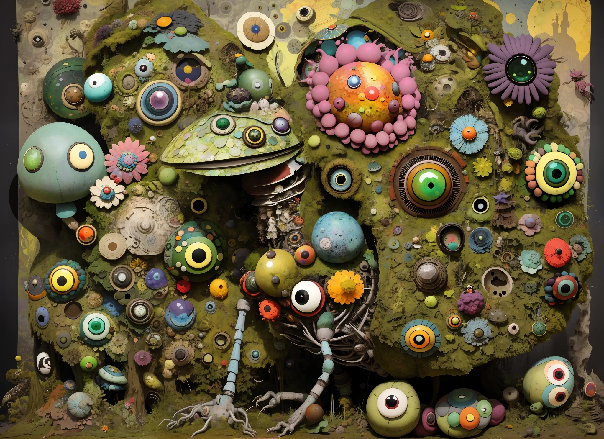 gonzobugs moss monster with pointy ears, big eyes, colorful mushroom cluster clinging from its back, in the style of cybermysticsteampunk, dark emerald and brown, use of bright colors, naturalist aesthetic, swirling vortexes, tranquil gardenscapes, agate geode dandelion clowncore, war-torn post apocalyptic wonderland, fauvism , Caspar David Friedrich , Takashi Murakami , Diane Dillon , album cover art, perfect, smooth, pixiv, cgsociety,
