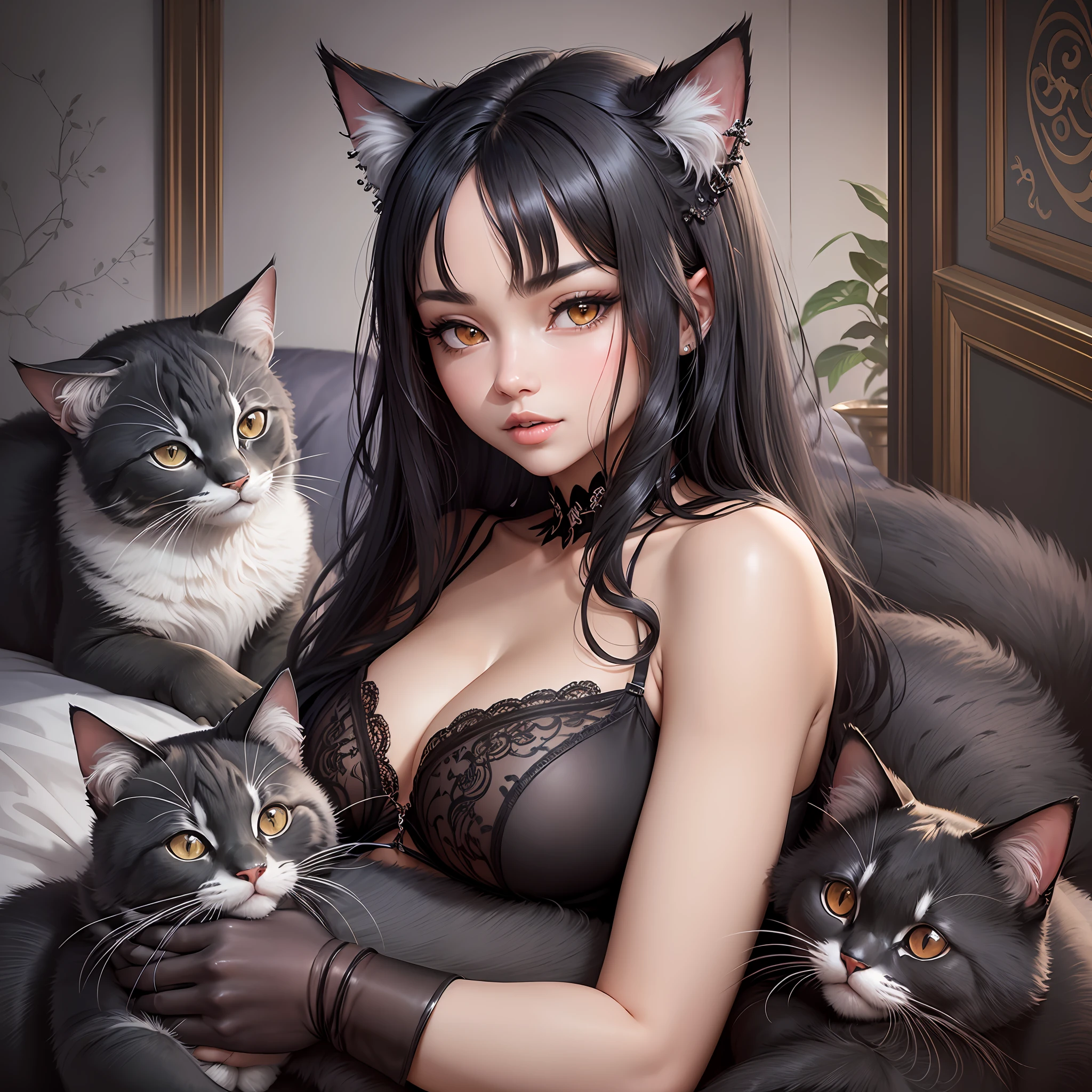 A detailed and charming description of a cute girl with long, silky black hair. Her ears and cat's tail add a playful touch to her appearance, while her feline eyes glow with a piercing and mysterious gaze. Lying on a soft bed, she assumes a sensual pose, exuding charm and self-confidence. Wearing black lingerie, she embodies elegance and sensuality. Around you, several cats of different species and nuclei snuggle together, creating a welcoming and motivated environment --auto --s2