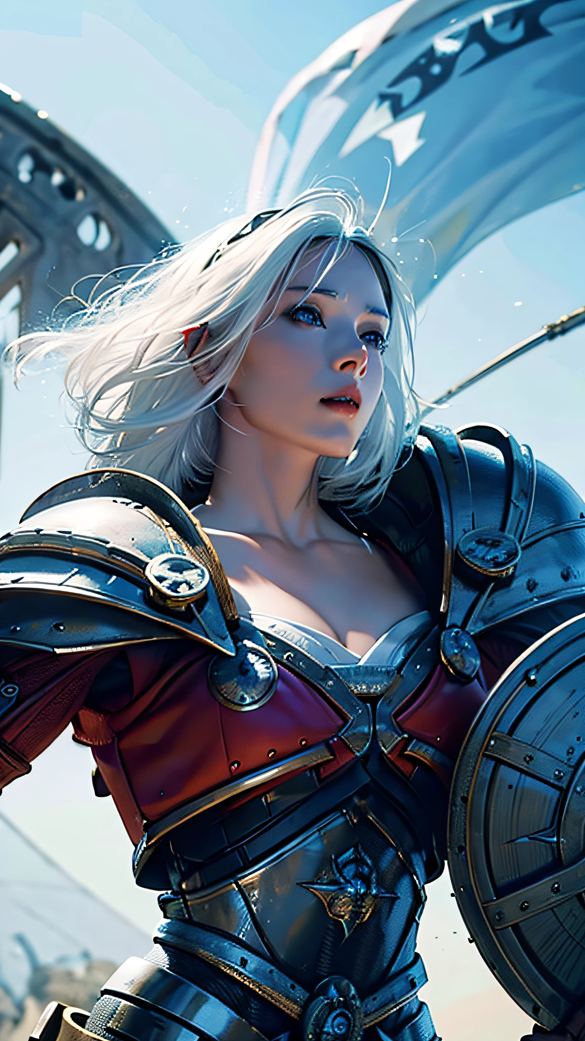 Official Art, Unity 8k Wallpaper, Ultra Detail, Masterpiece, Best Quality, One Woman, (Very Detail), Dynamic Angle, Mystical Expression, Fire Glowing Effect, Fantasy Background, Rim Lighting, Side Light, Cinematic Light, Ultra High Definition, 8k UHD, Film Grain,Best Shadow, Delicate, RAW, Light Particles, Detailed Skin Texture, Detailed Gem Armor Texture, Detailed Face, Complex detail, super detailed, bright, strong, red armor, cleavage, holding glowing weapons, holding a shield, pole dron, (((white hair)), shining brown eyes, long blue cloak, fantasy, (realistic),