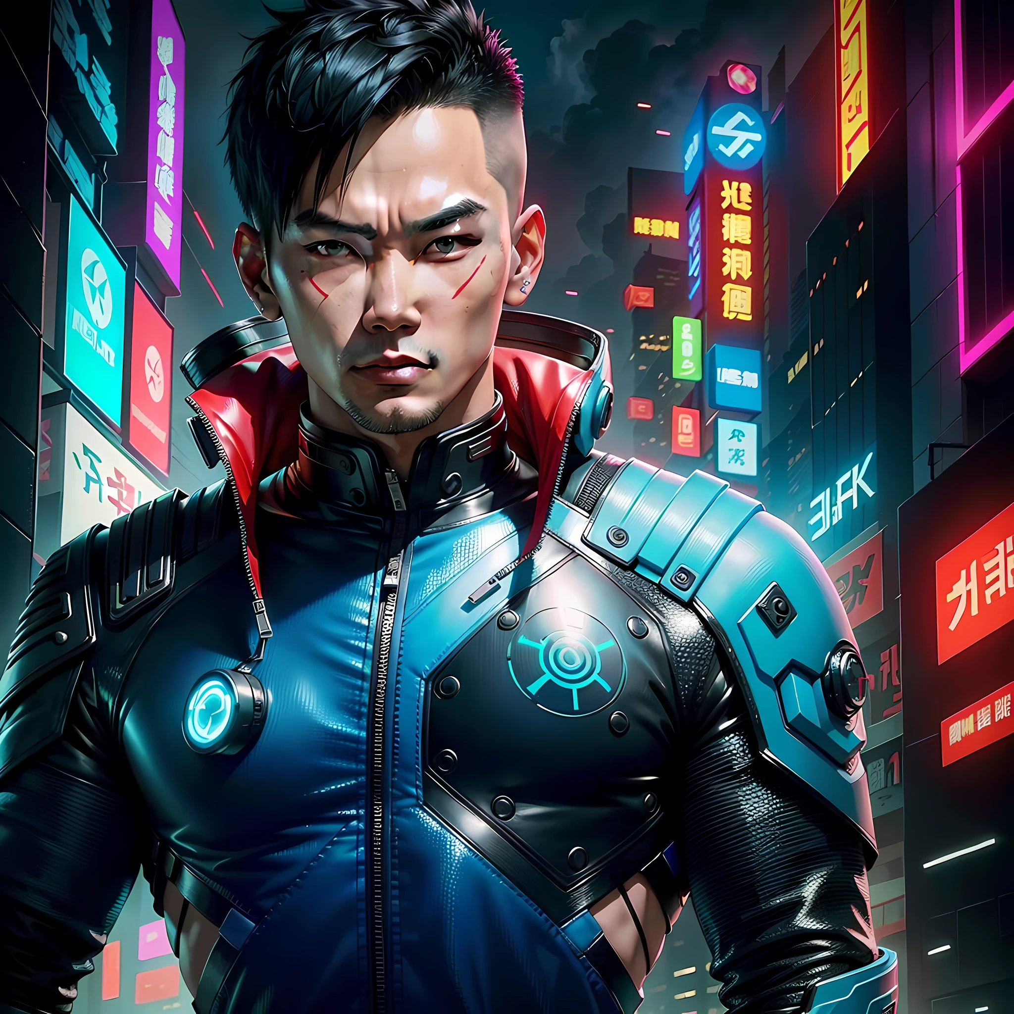 Create 1 Asian man cyberpunk style, futuristic background, short hair, futuristic clothes, (best quality), ((1:1 resolution), (face centered in the center of the image), avatar photo only, (head + shoulders), 8k resolution, realistic photo, neon lights, (technology elements), (film grain).