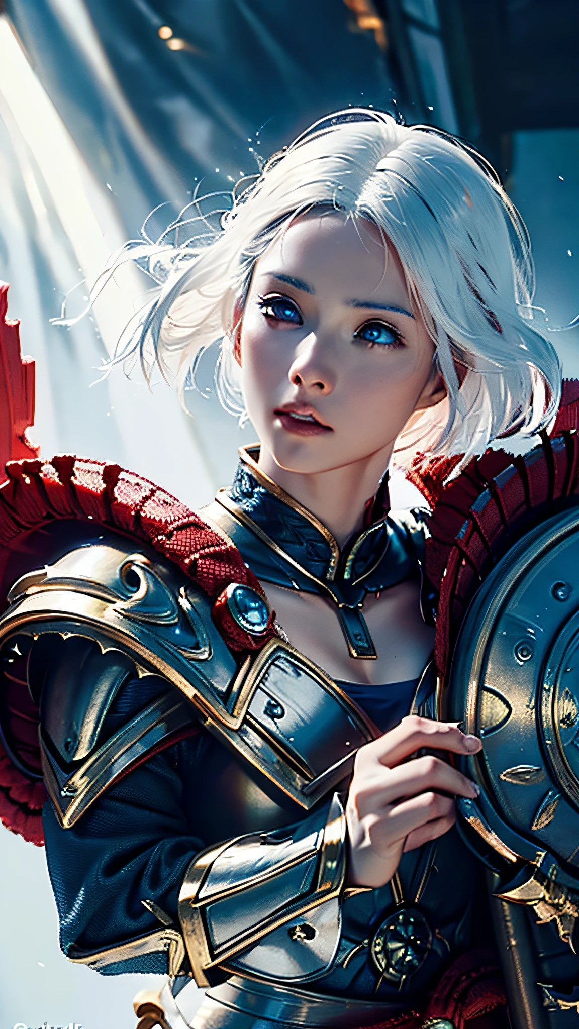 Official Art, Unity 8k Wallpaper, Ultra Detail, Masterpiece, Best Quality, One Woman, (Very Detail), Dynamic Angle, Mystical Expression, Fire Glowing Effect, Fantasy Background, Rim Lighting, Side Light, Cinematic Light, Ultra High Definition, 8k UHD, Film Grain,Best Shadow, Delicate, RAW, Light Particles, Detailed Skin Texture, Detailed Gem Armor Texture, Detailed Face, Complex detail, super detailed, bright, strong, red armor, cleavage, holding glowing weapons, holding a shield, pole dron, (((white hair)), shining brown eyes, long blue cloak, fantasy, (realistic),